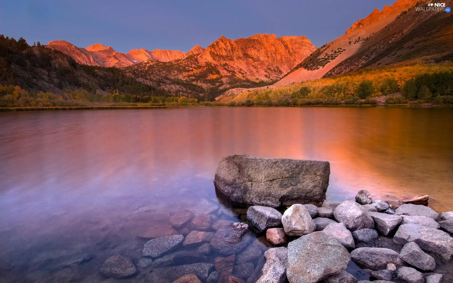 lake, illuminated, slopes, Stones