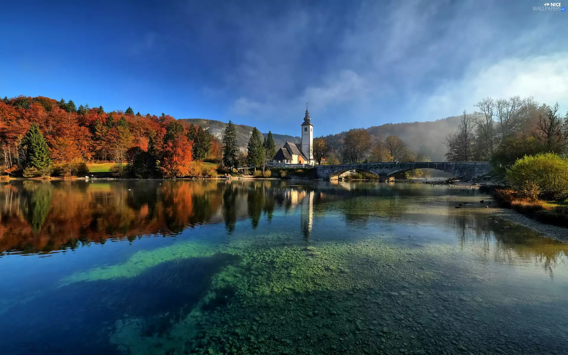autumn, trees, Mountains, Great Sunsets, Church, Bohinj Lake, viewes, Slovenia, clouds, bridge