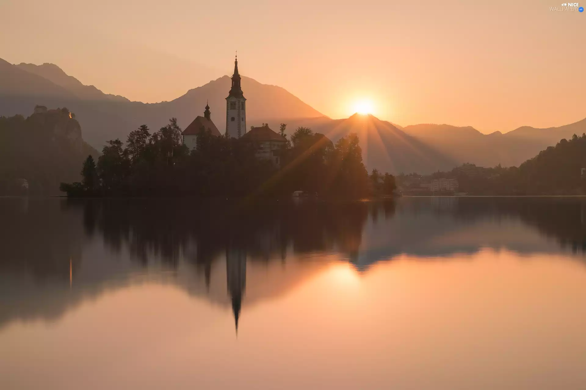 Blejski Otok Island, Church of the Annunciation of the Virgin Mary, reflection, Mountains, Sunrise, Lake Bled, Slovenia, Julian Alps