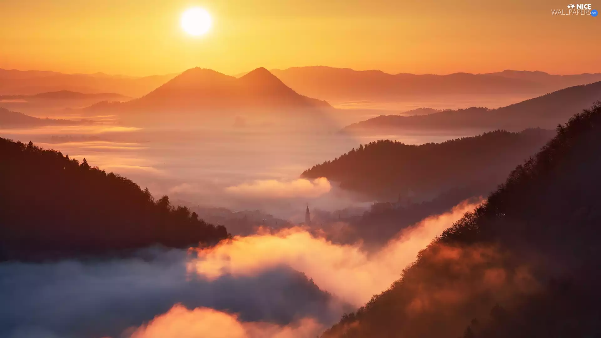 Fog, Mountains, Church, Slovenia, Sunrise, Valley