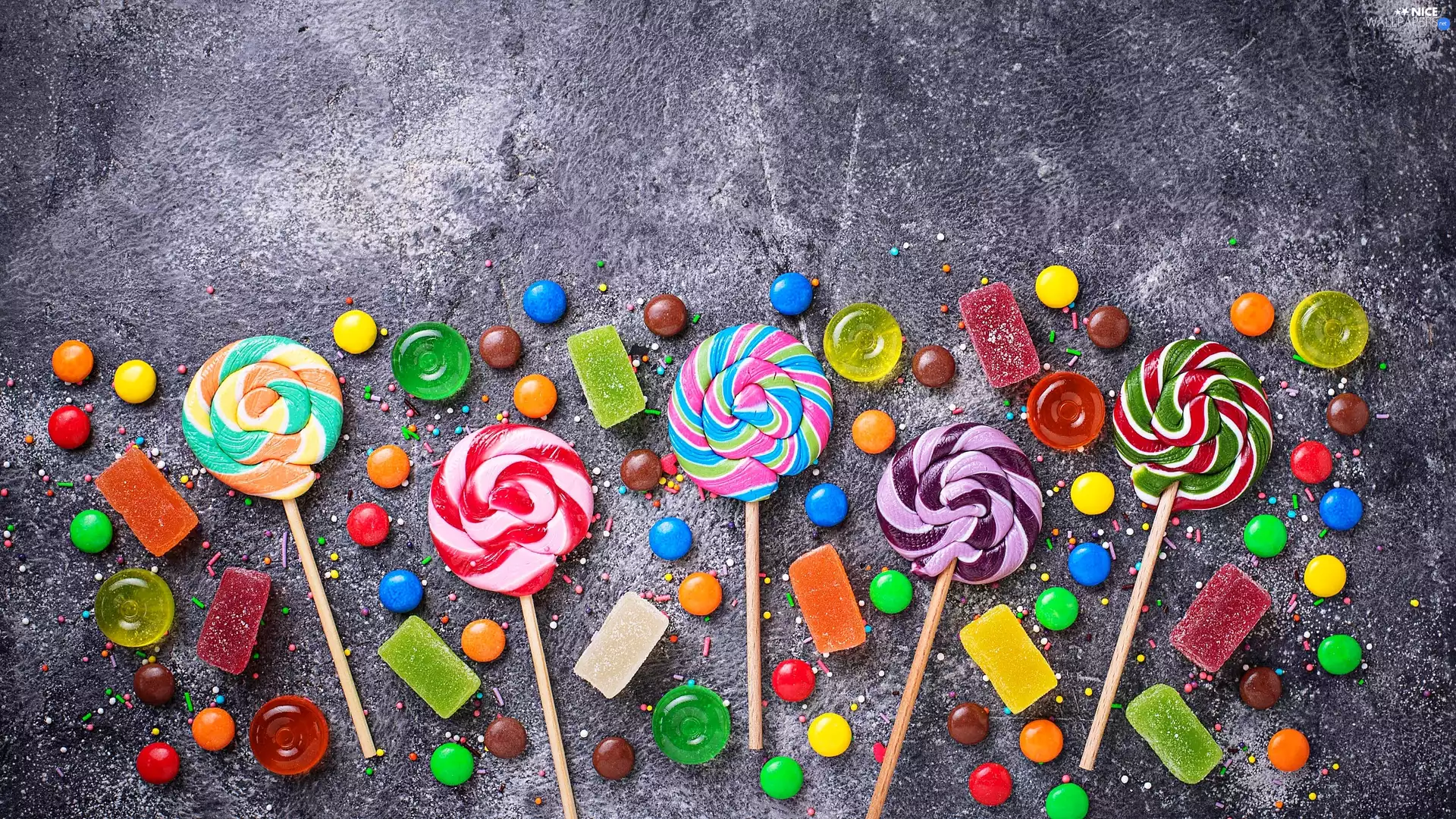 jellies, Smarties, lollipops, Drops, Candies