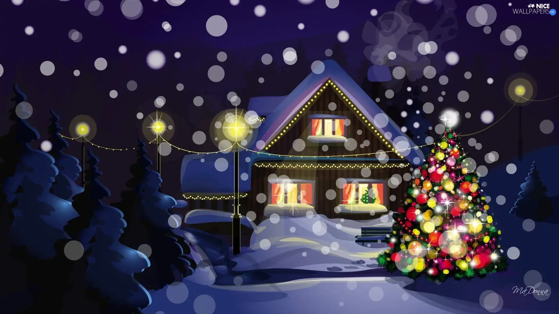 house, snow, 2D, christmas tree