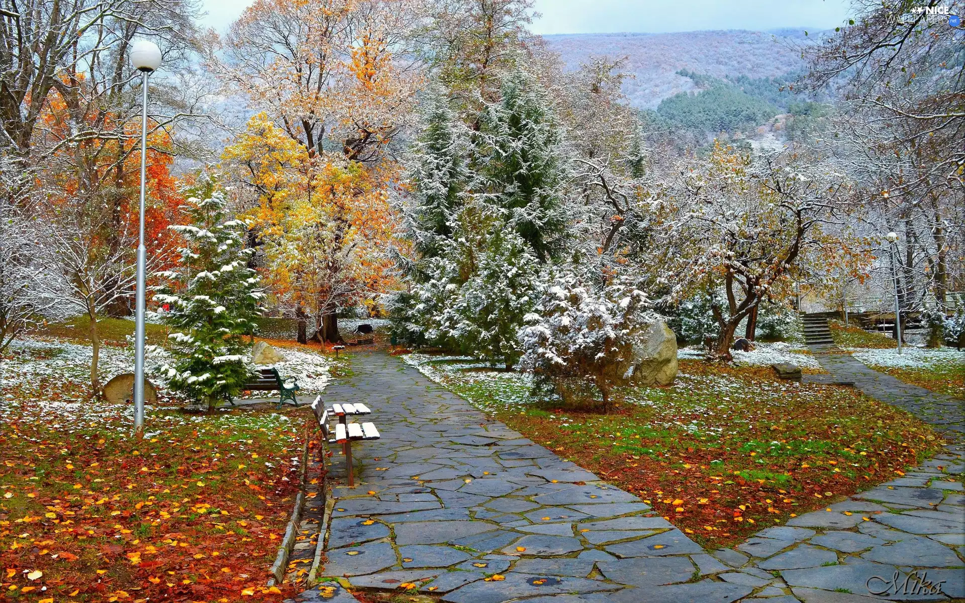 trees, autumn, bench, snow, Park, viewes, Alleys