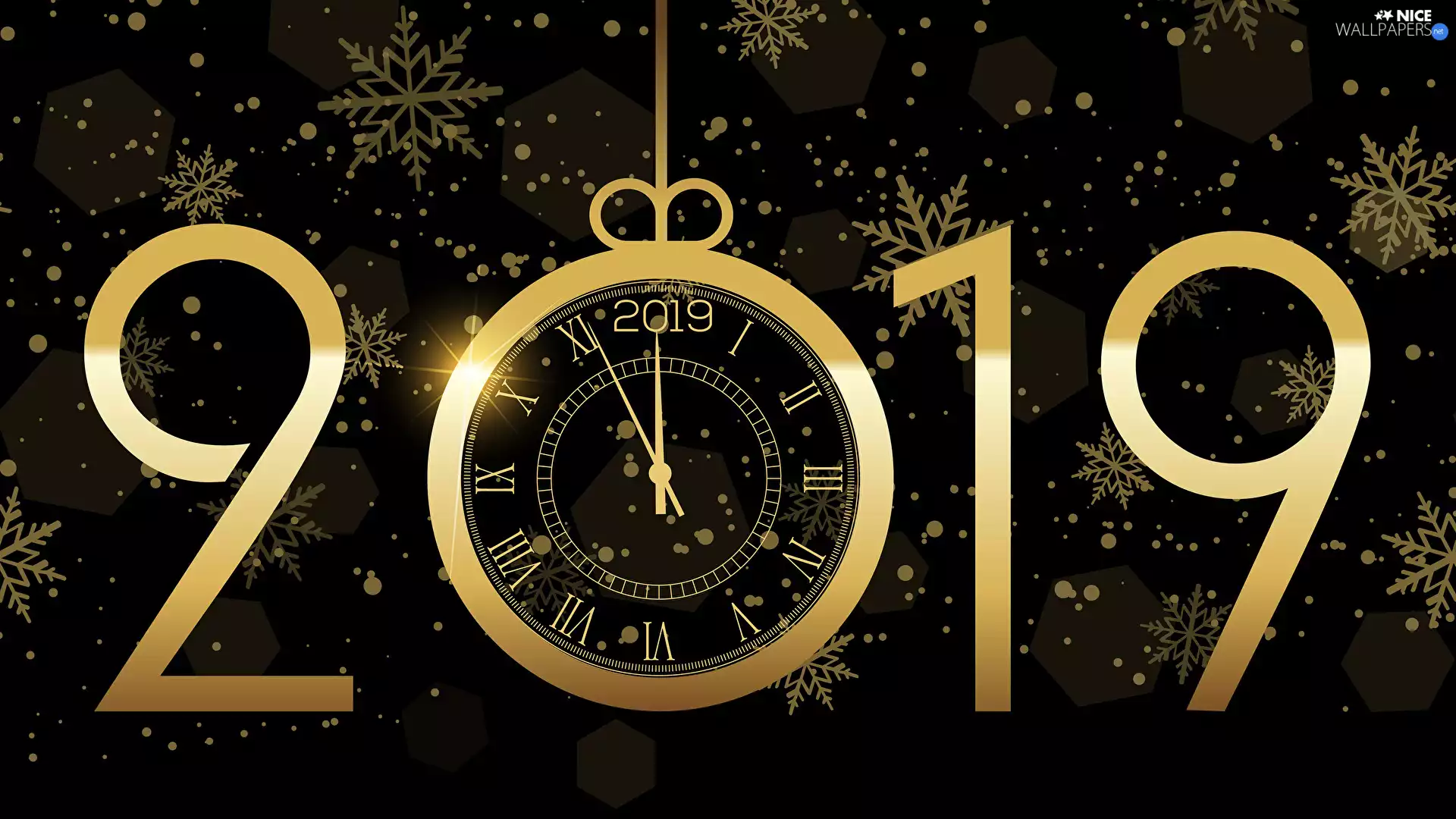 Black, Clock, flakes, 2019, New Year, background, snow