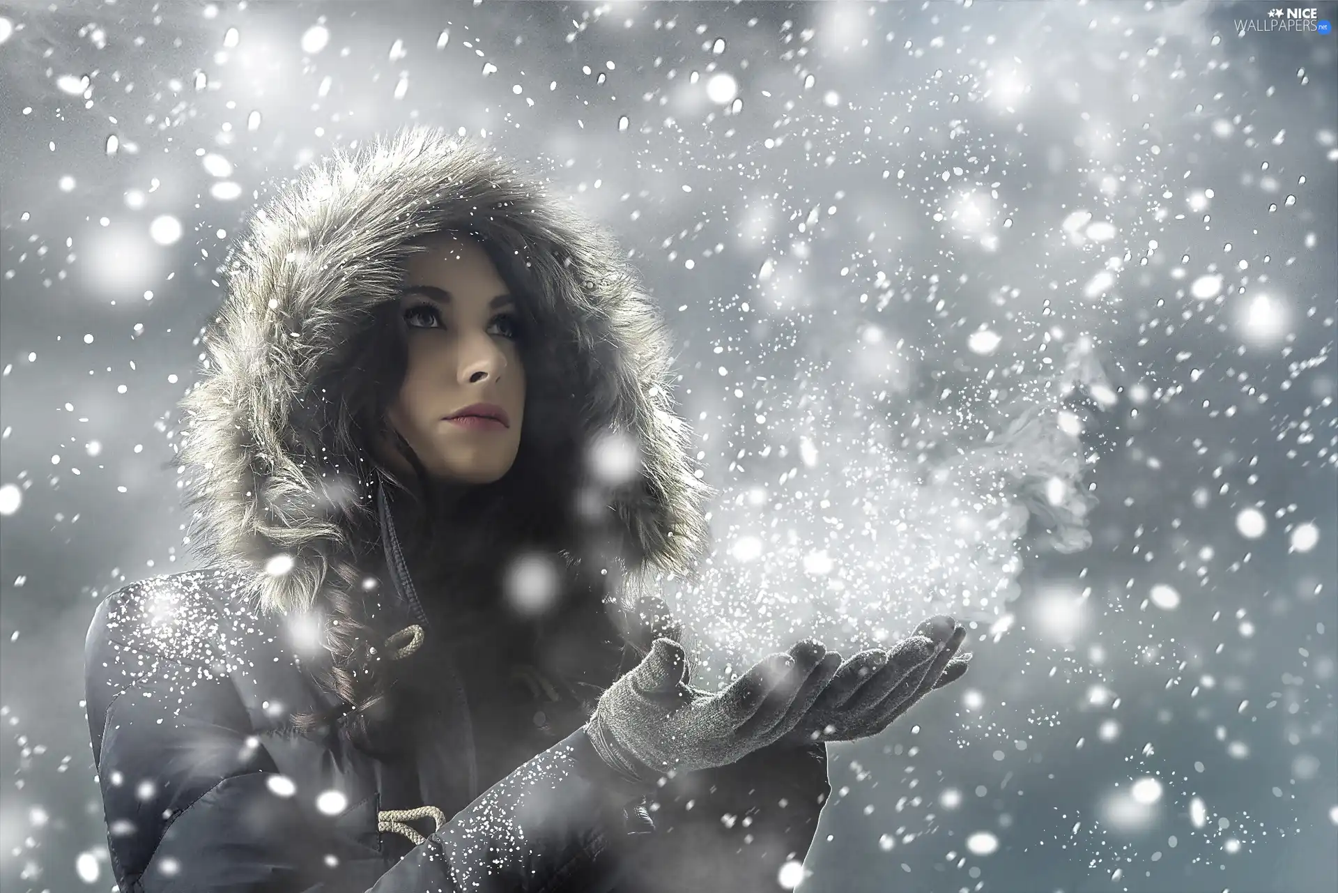 snow, hands, Winter, flakes, Women