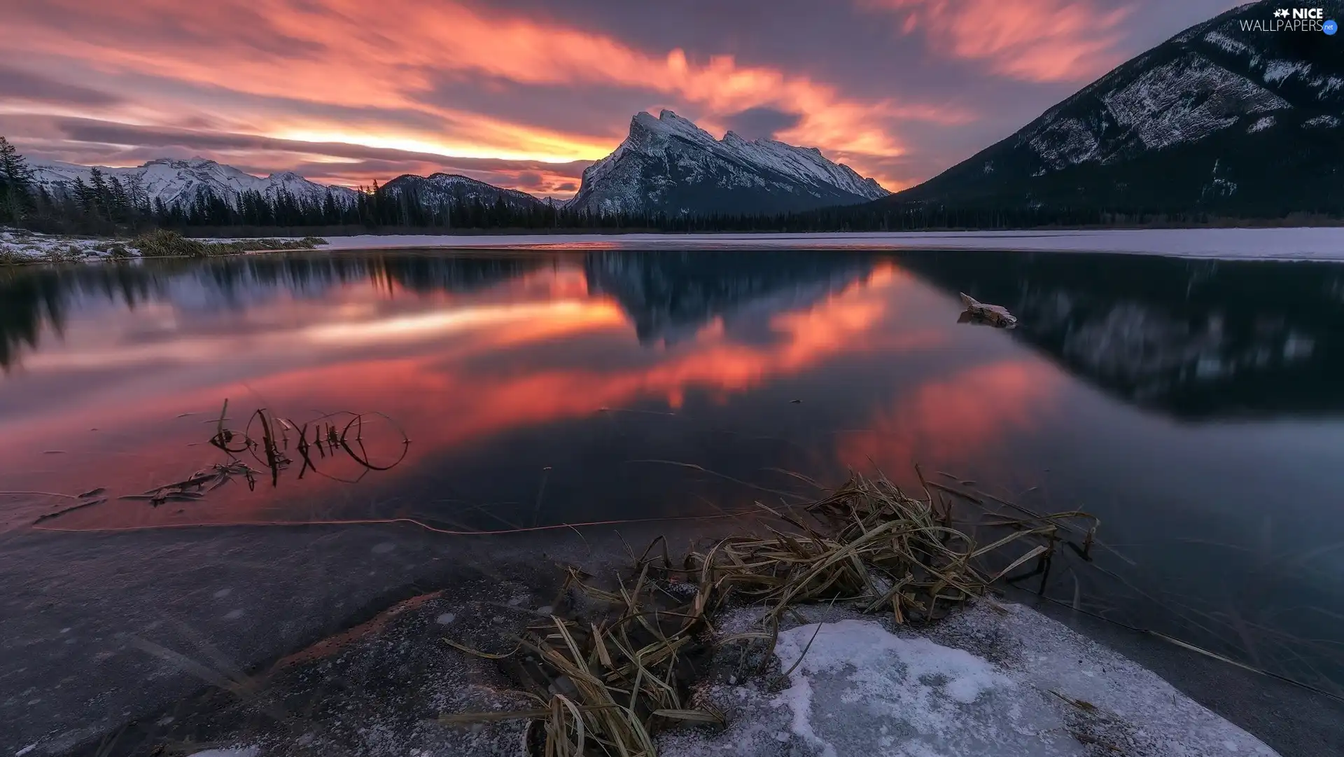 snow, reflection, lake, Great Sunsets, Mountains