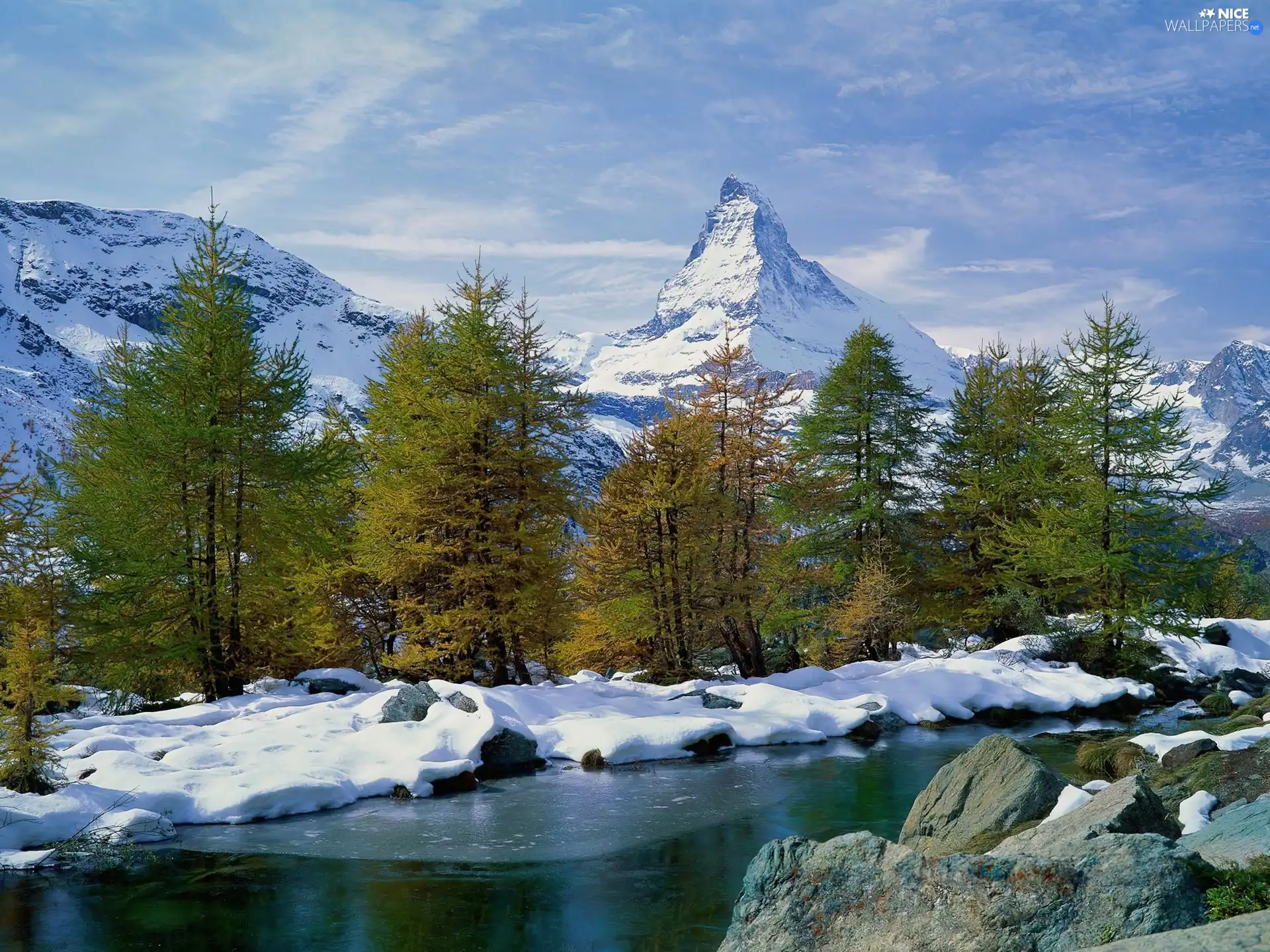 trees, Mountains, snow, Stones, viewes, River