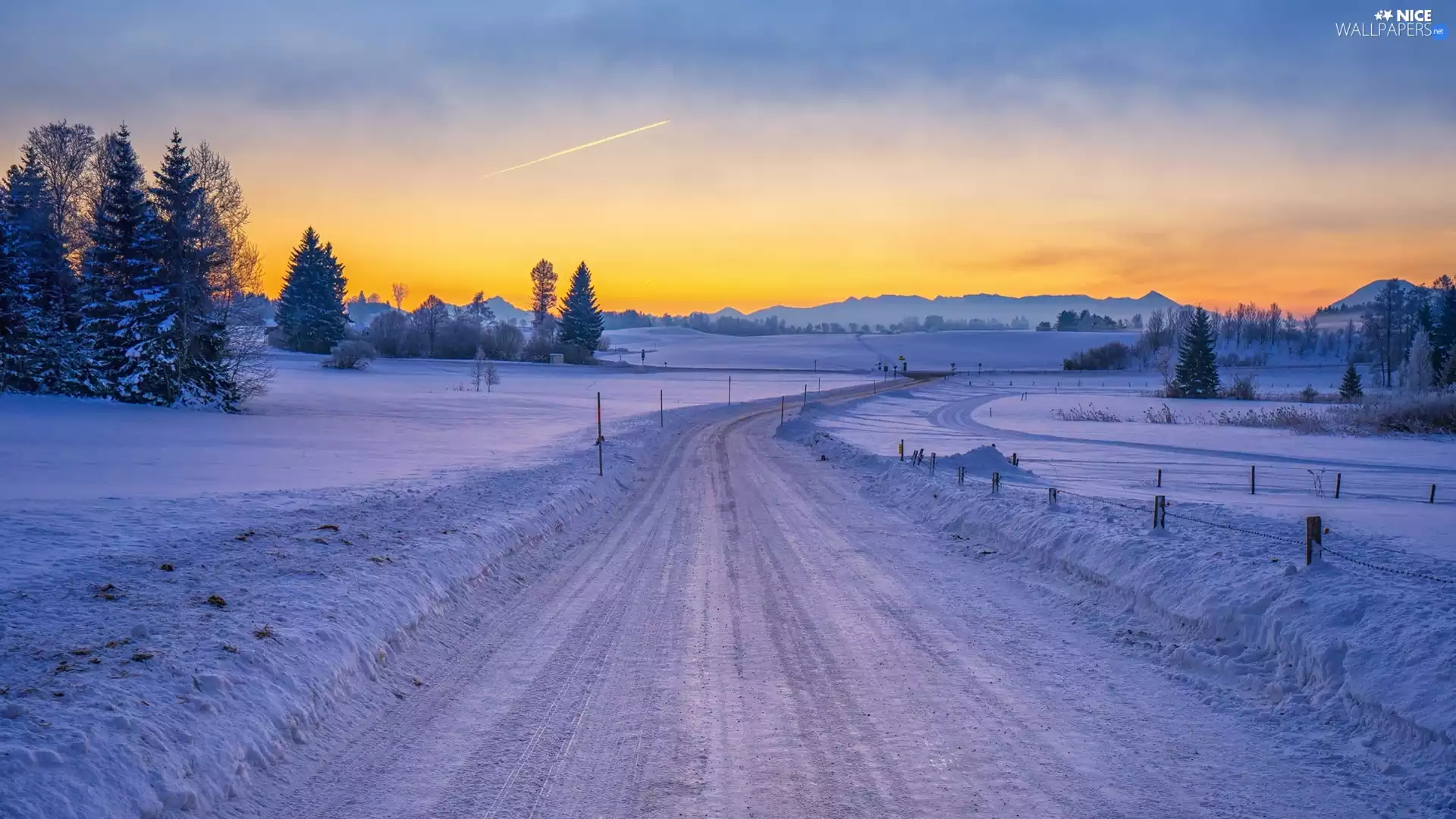 Way, winter, viewes, Mountains, trees, cleared of snow