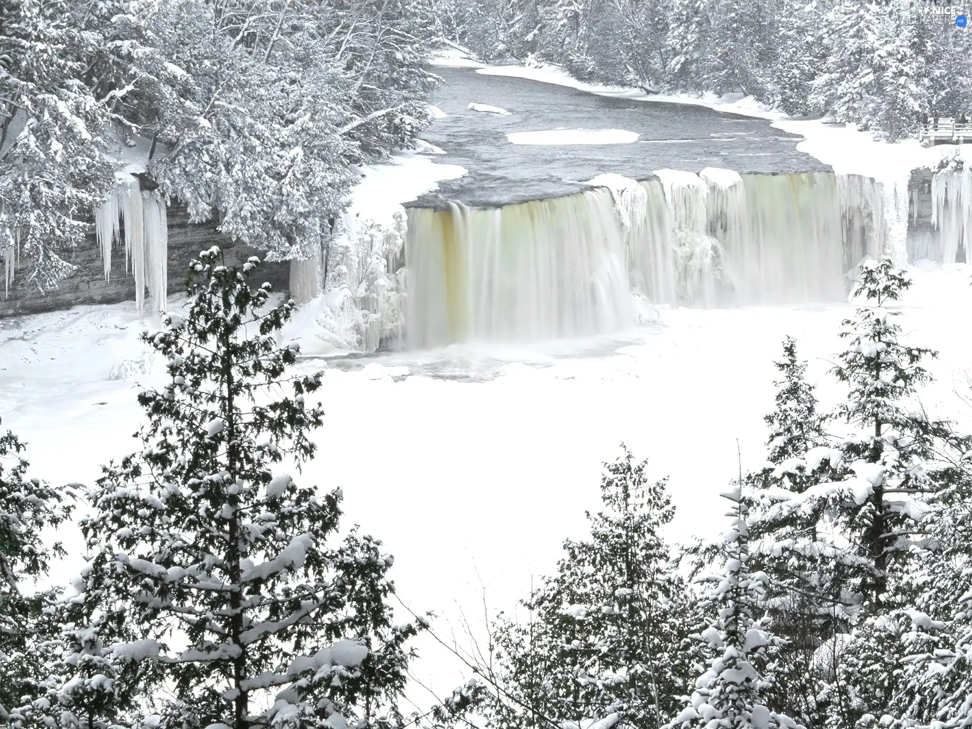 snow, frozen, waterfall