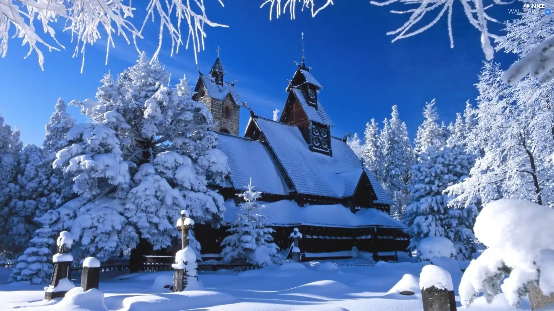 Church, winter, snow, cemetery
