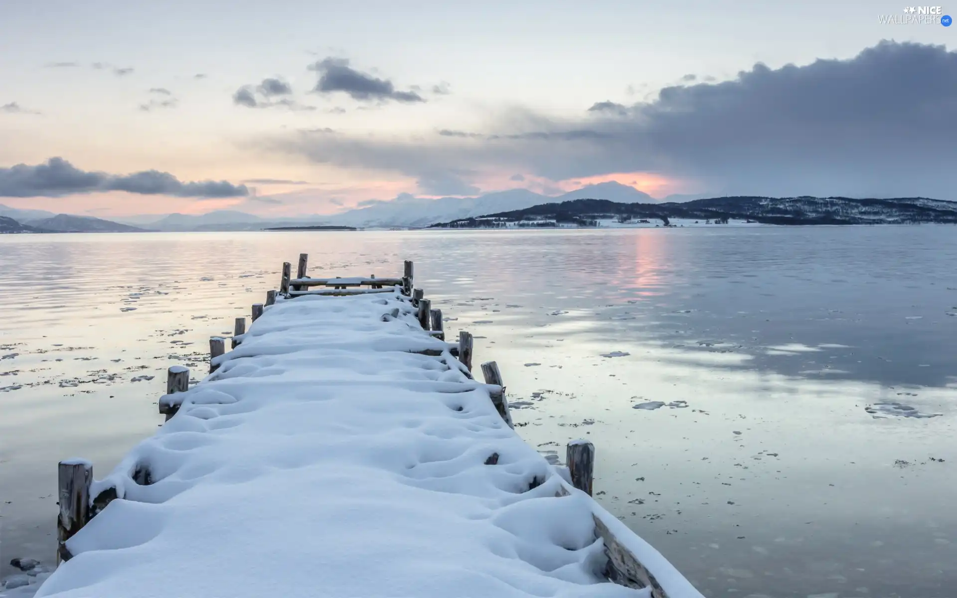 snow, winter, lake, pier, Mountains