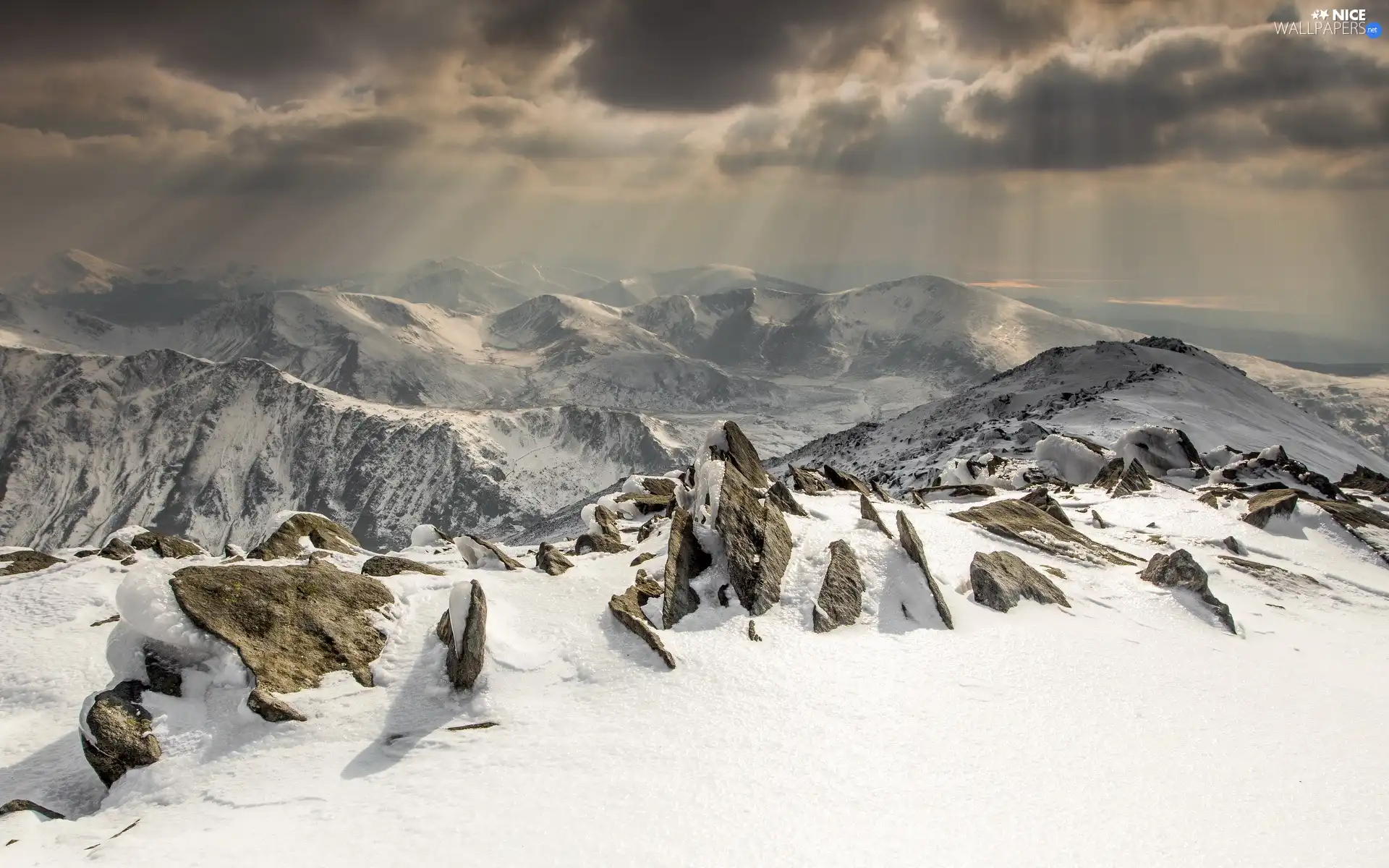 snow, winter, sun, Mountains, rays