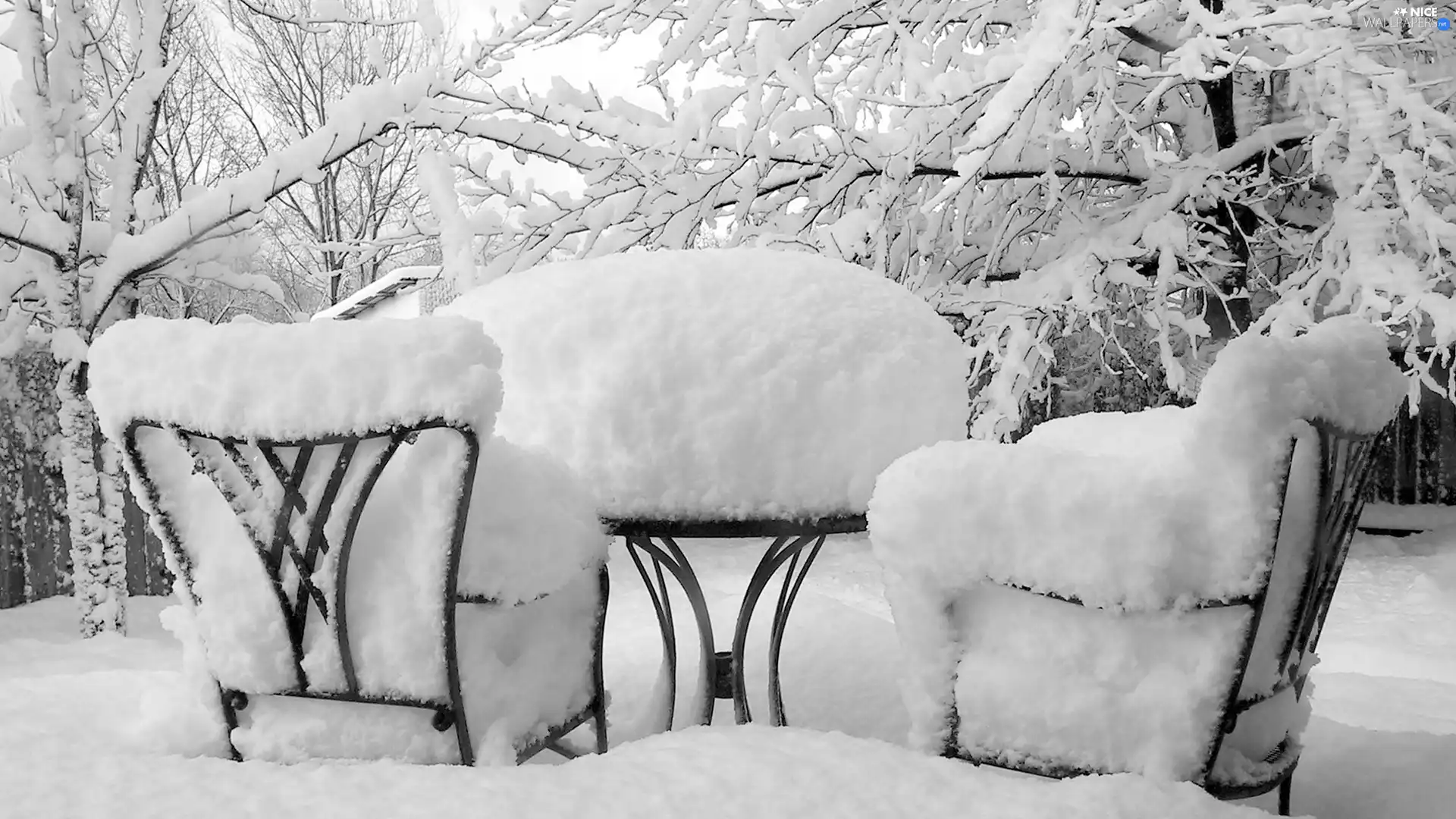 winter, Stool, snow, table