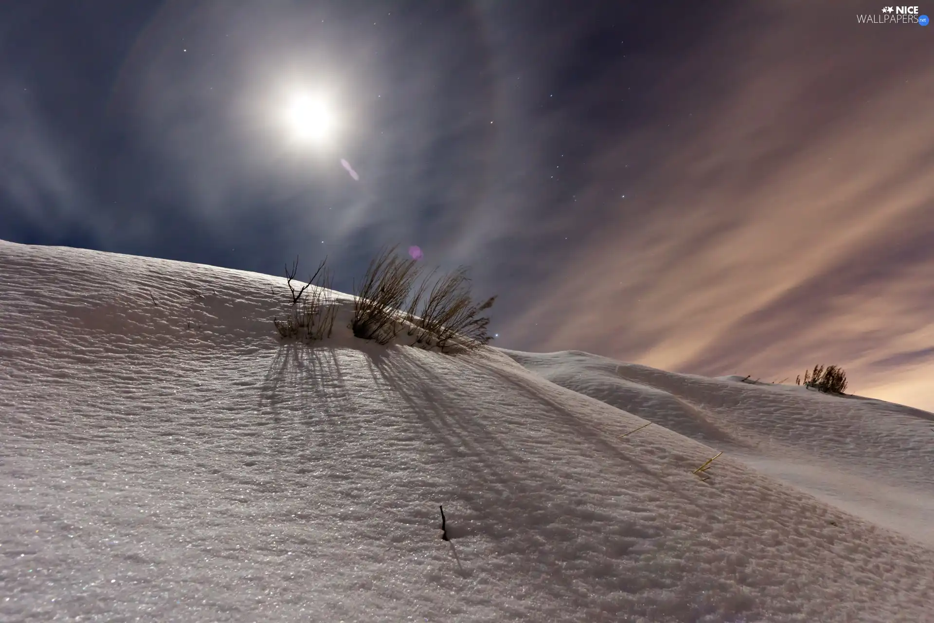 snow, winter, sun, rays, west