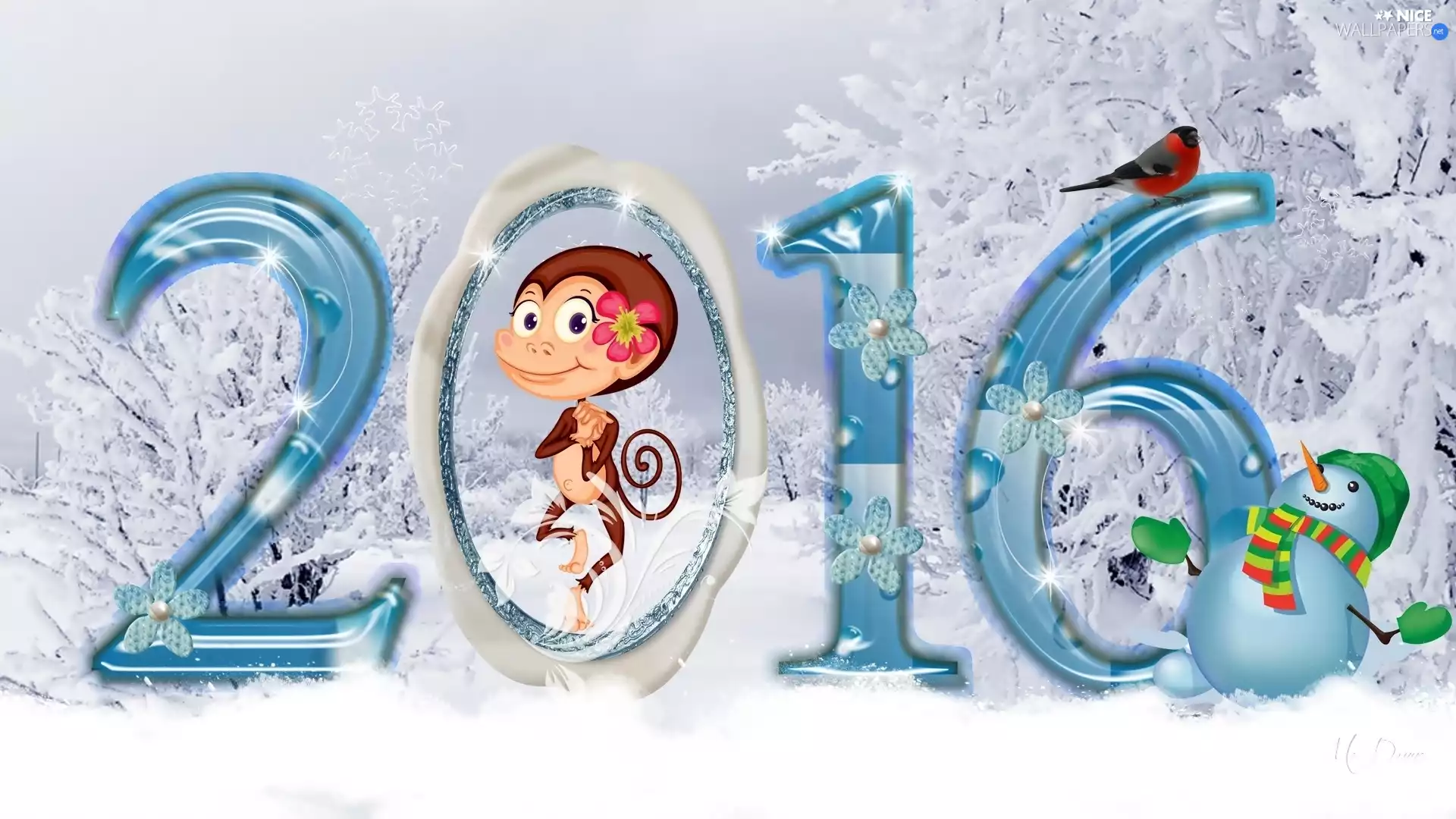 birdies, Monkey, New Year 2016, graphics, winter, Snowman