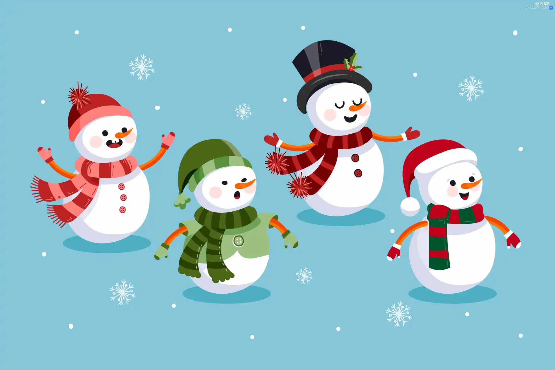 blue background, 2D, snowmen, Snow White, four