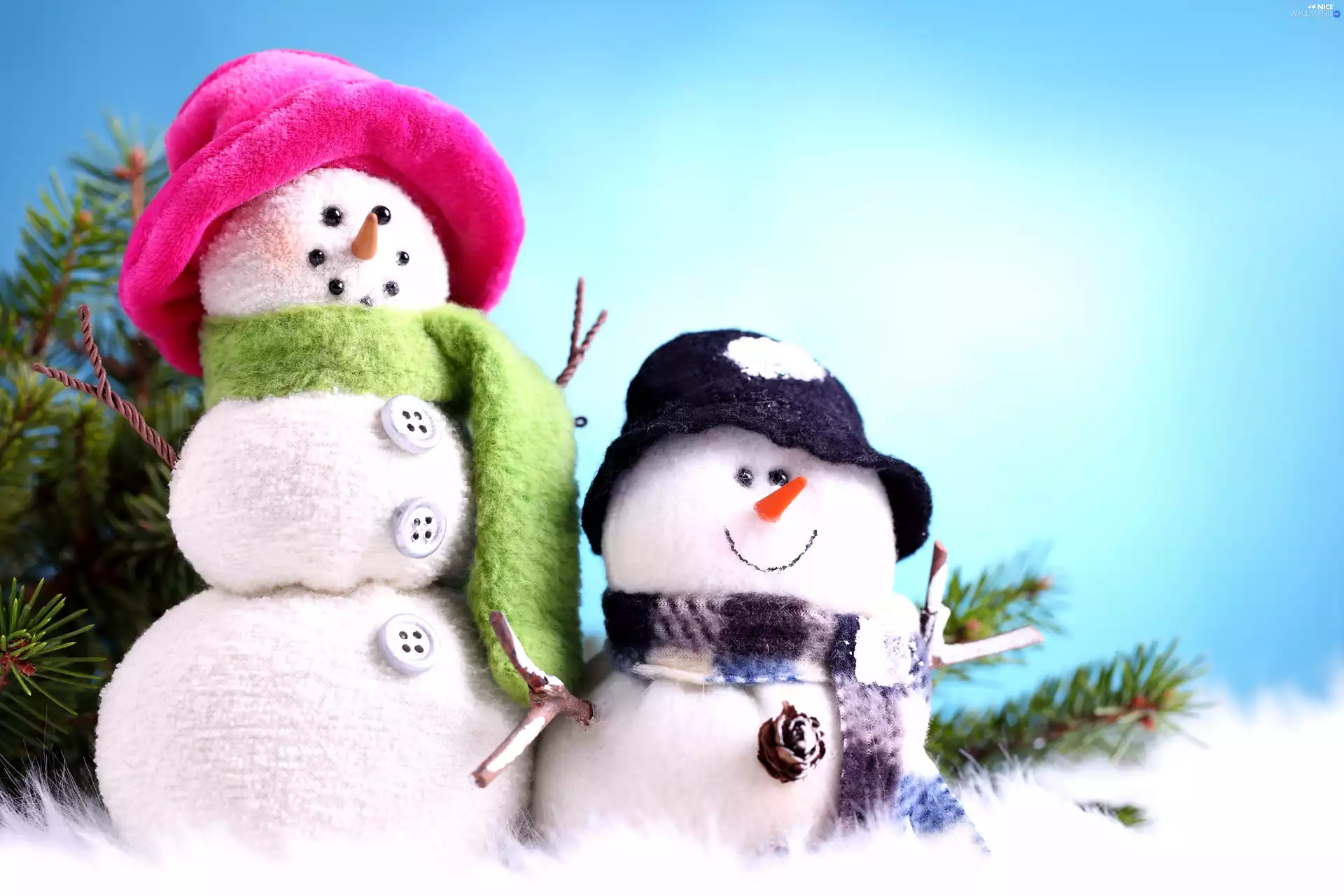 snowmen, snow, Scarves, Two cars, winter, caps, For Children