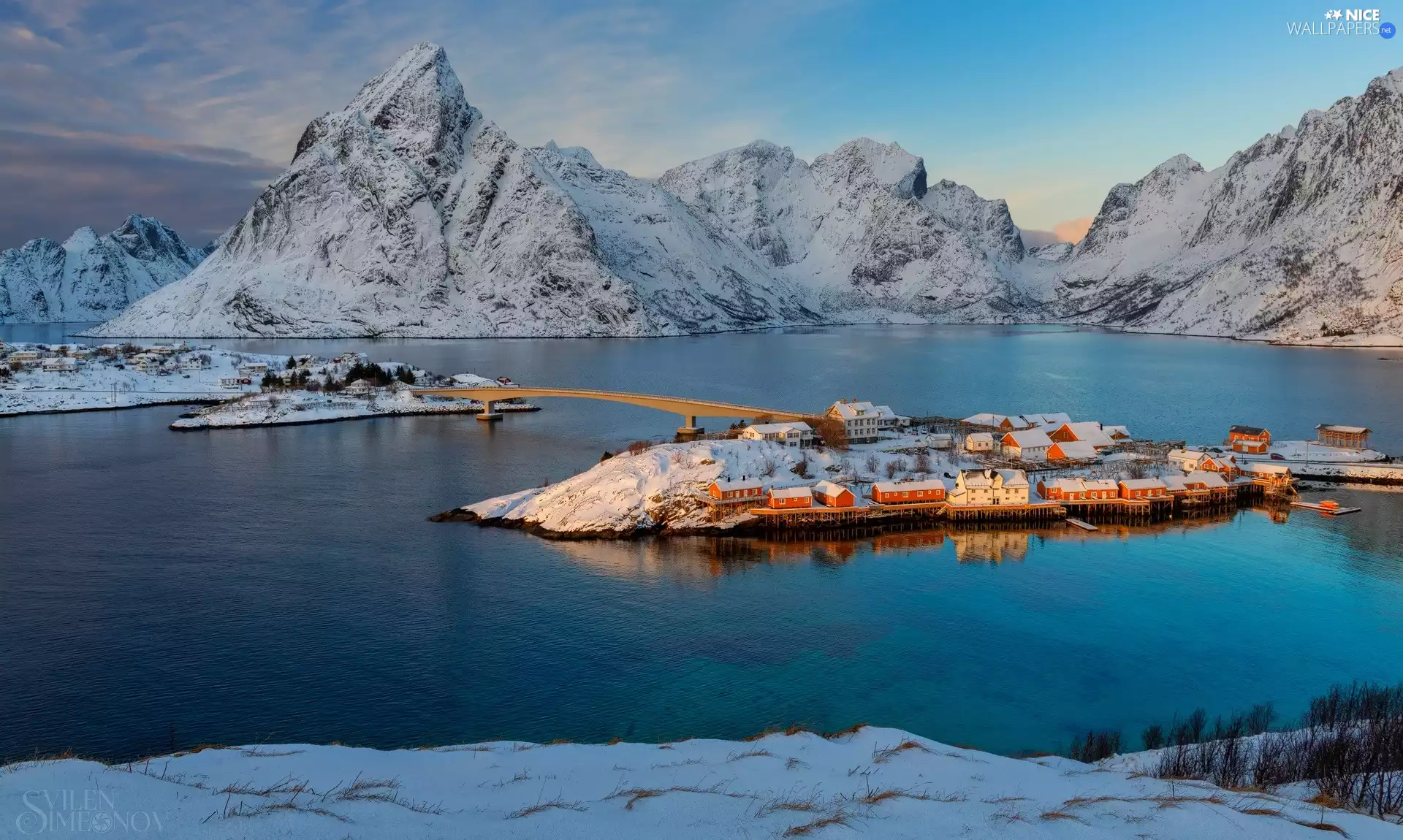 Snowy, Lofoten, Village Hamnøy, sea, Norway, Mountains, Houses