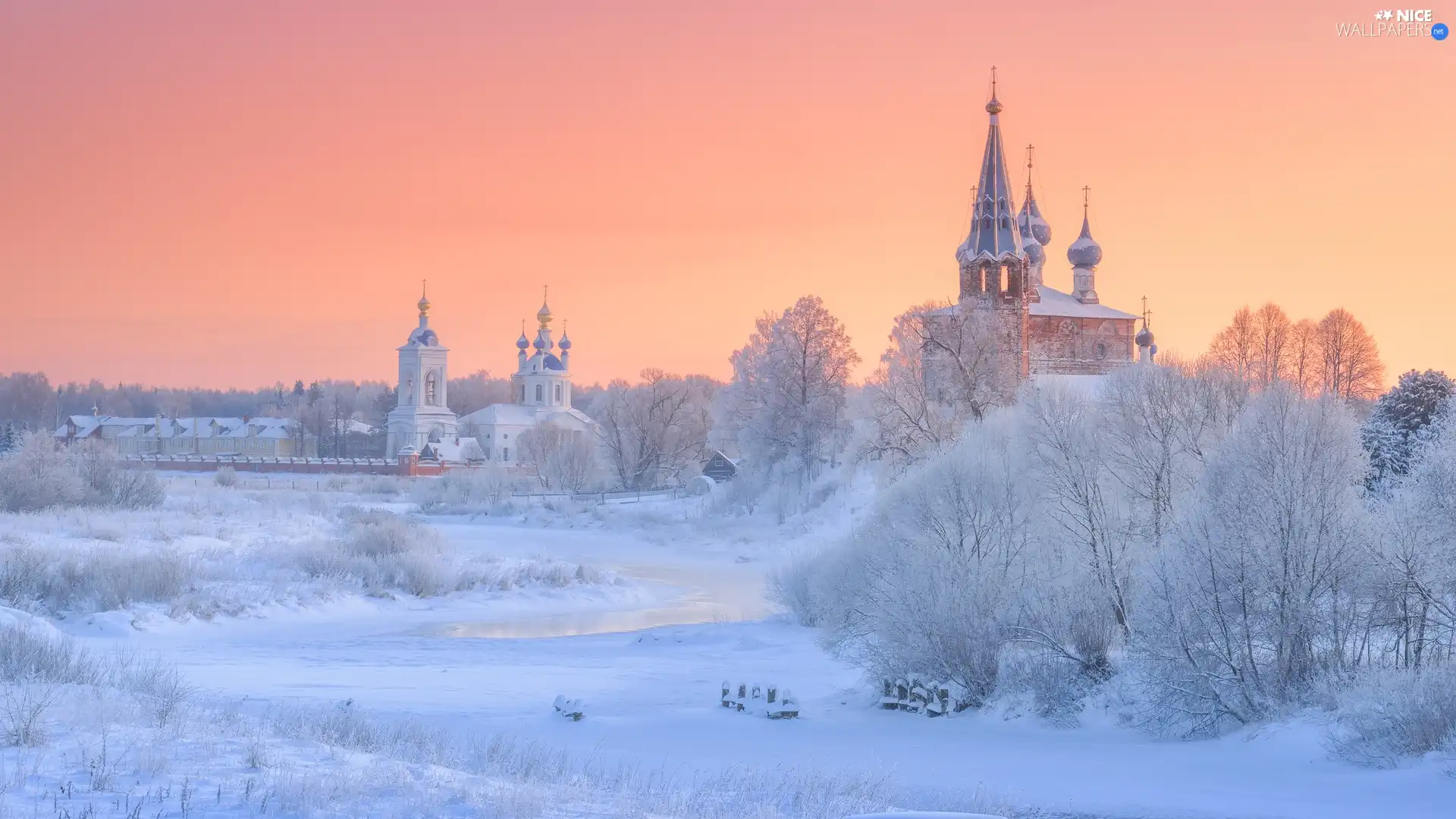 Cerkiew, trees, Russia, viewes, Duilovo, River, winter, Snowy