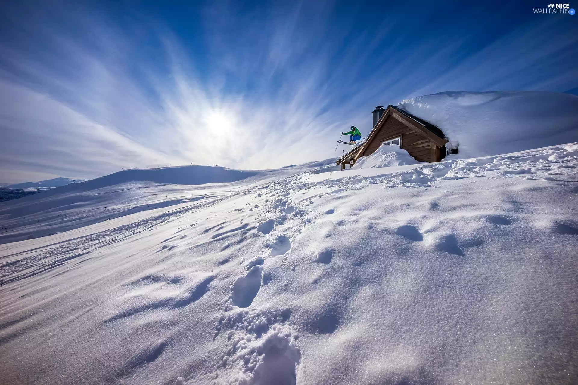 winter, house, Skier, snowy