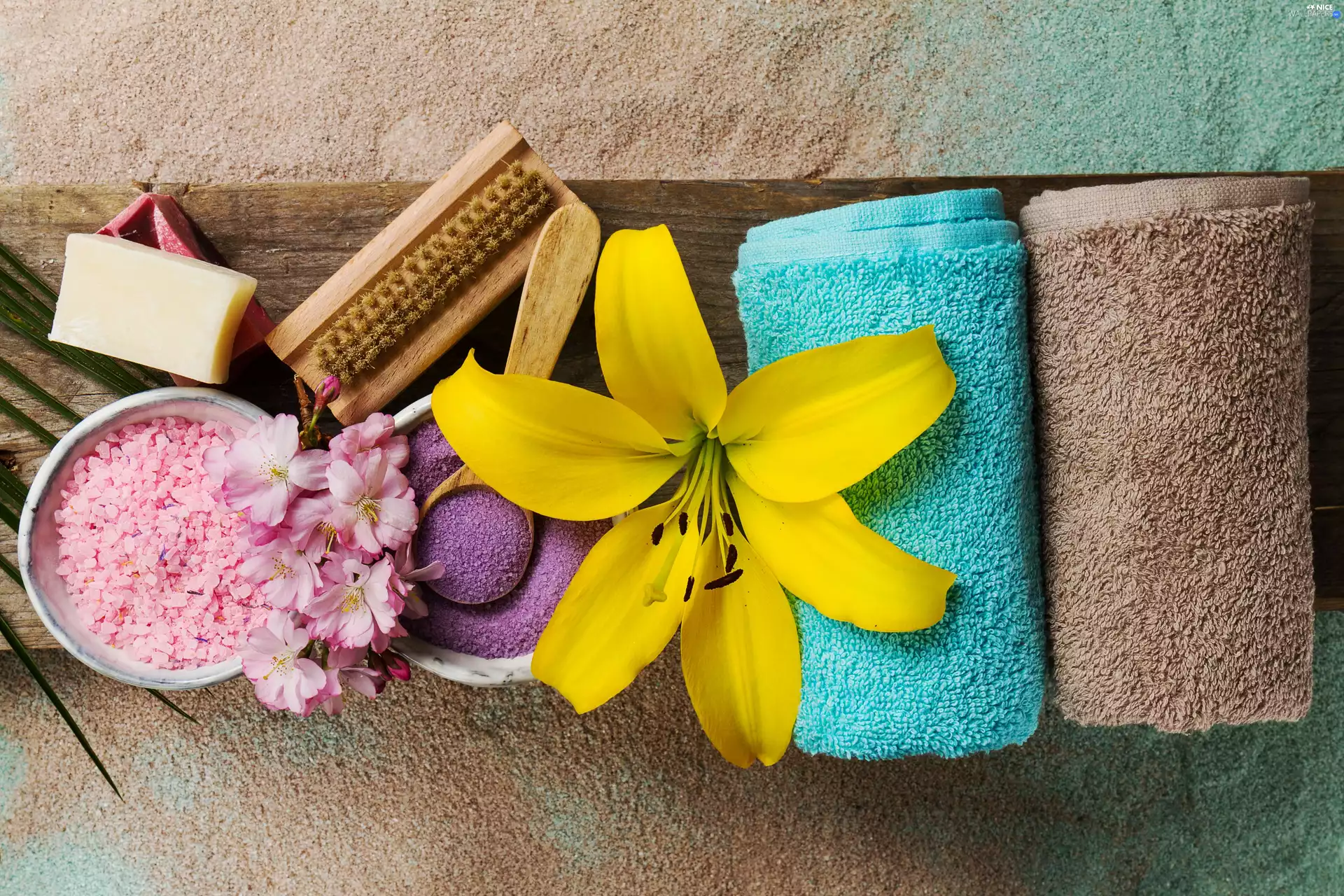 Flowers, Towels, Lily, Yellow Honda, board, composition, ##, salt, soap, Spa, essential