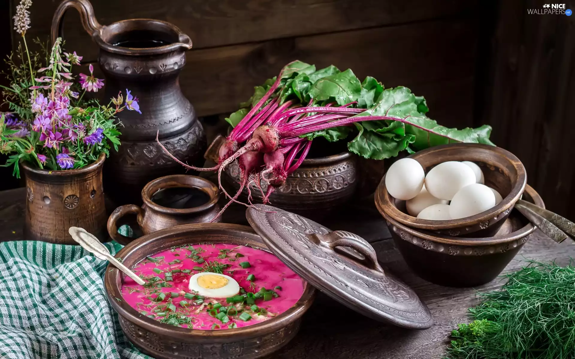 soup, Red Borscht, Flowers, eggs, jug, food, composition, Botwinka