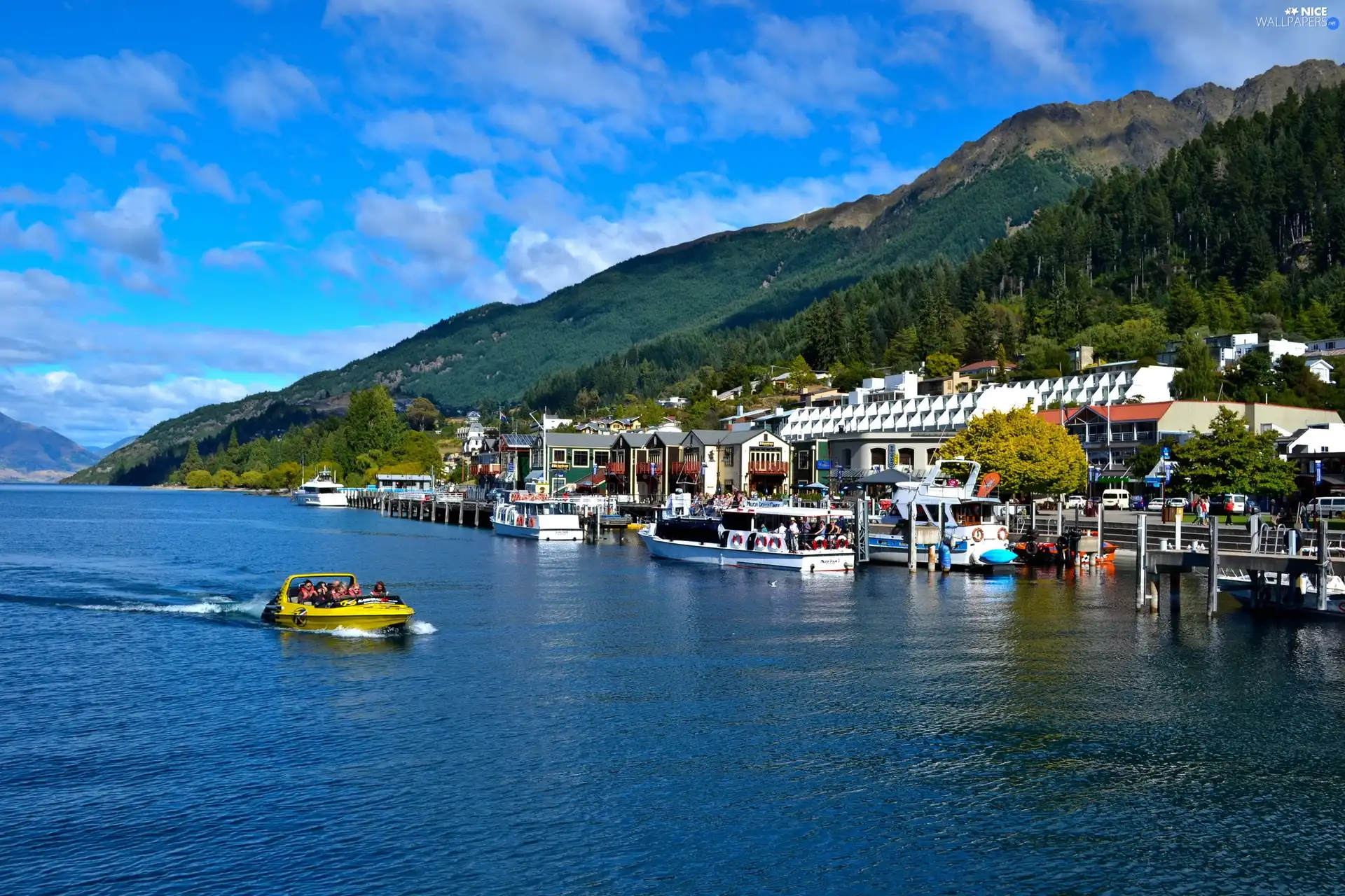 River, Mountains, spa, Motor boat