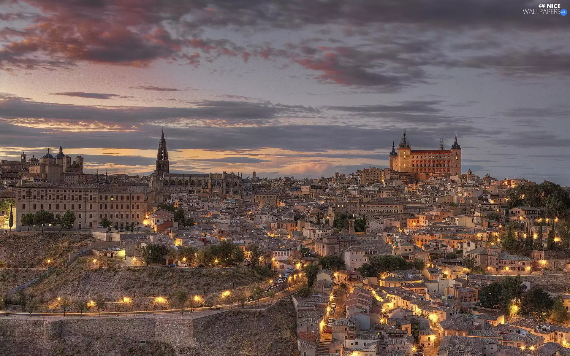 town, Toledo, twilight, Spain, light, panorama