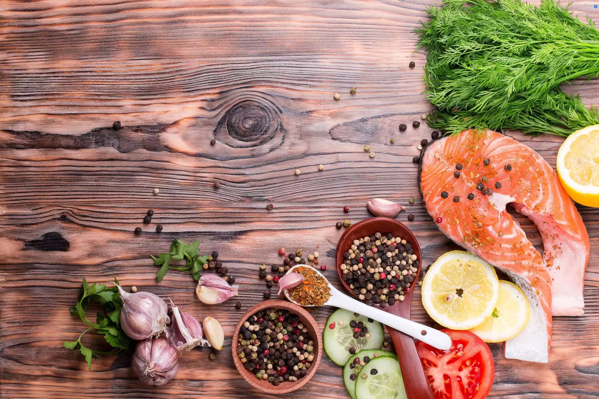 pepper, salmon, Dill, spice, fish, garlic, vegetables