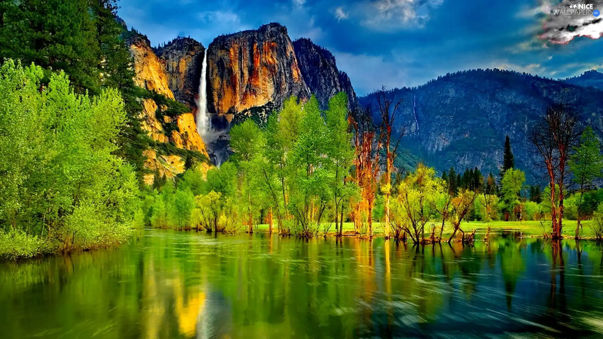Mountains, lake, Spring, waterfall