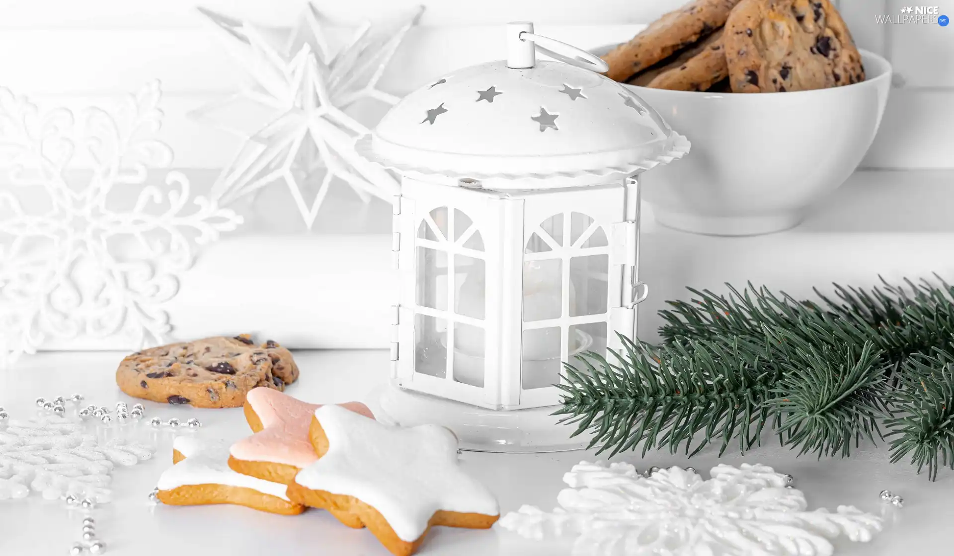 Cookies, Christmas, Twigs, lantern, festively decorated, Stars, spruce