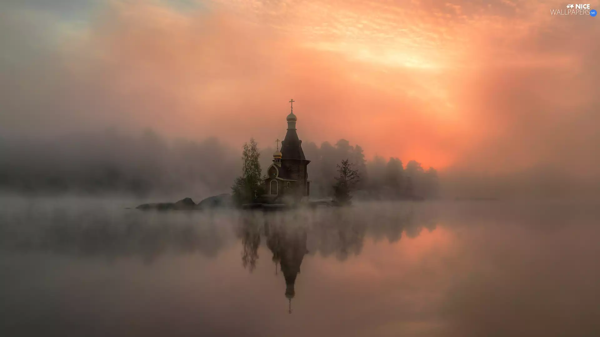 Vuoksi River, Russia, St. Andrew the Apostle Catholic Church, Fog, Cerkiew, Kaliningrad Oblast