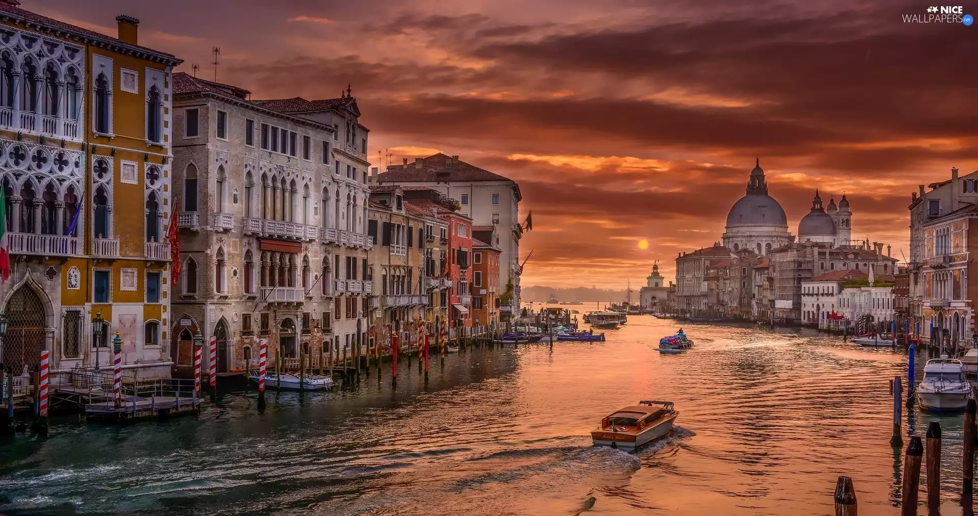 Canal Grande, Houses, Boats, Venice, Sunrise, canal, Basilica of St. brand, Italy