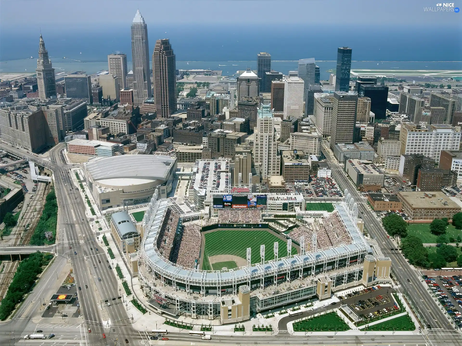 panorama, skyscrapers, Stadium, town