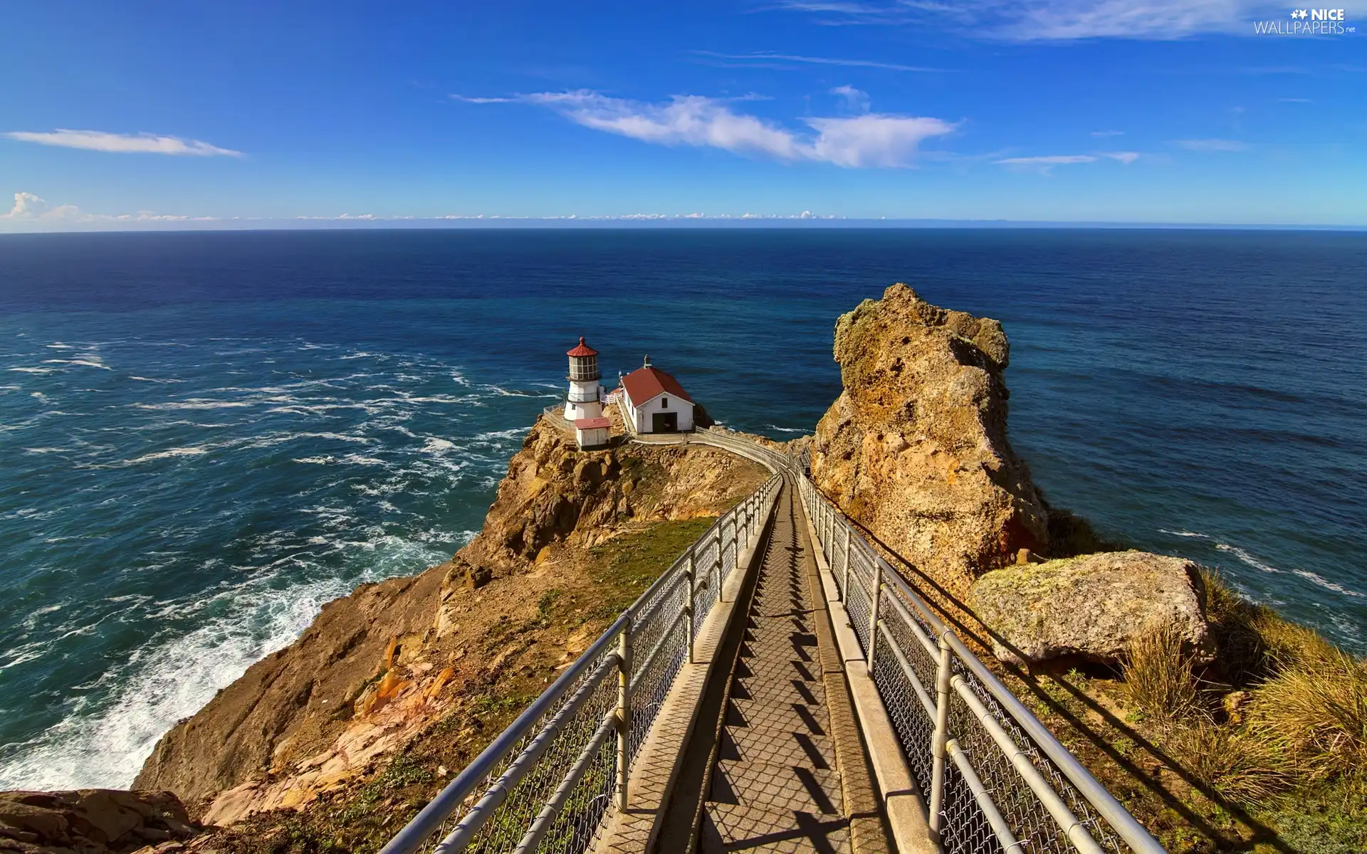 Stairs, descent, rocks, Lighthouses, sea