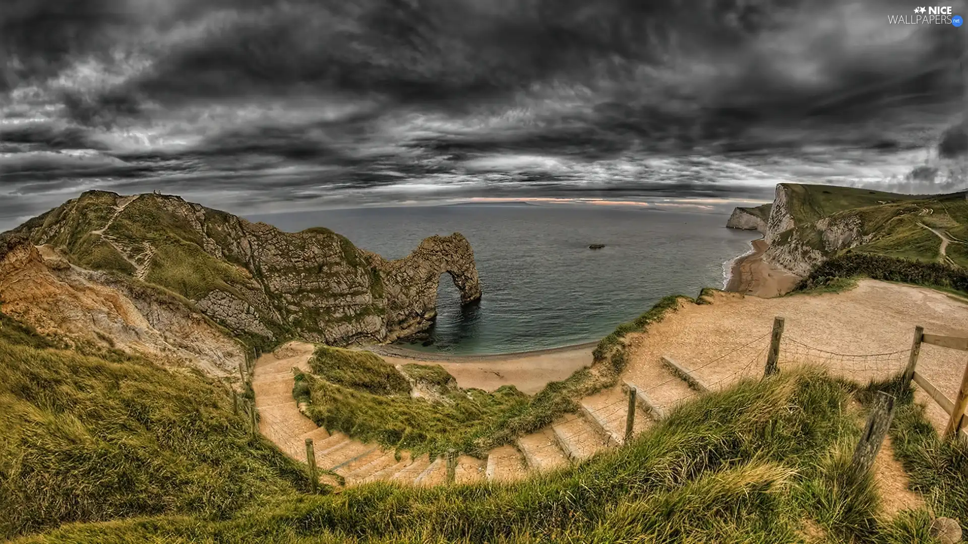 Stairs, clouds, sea