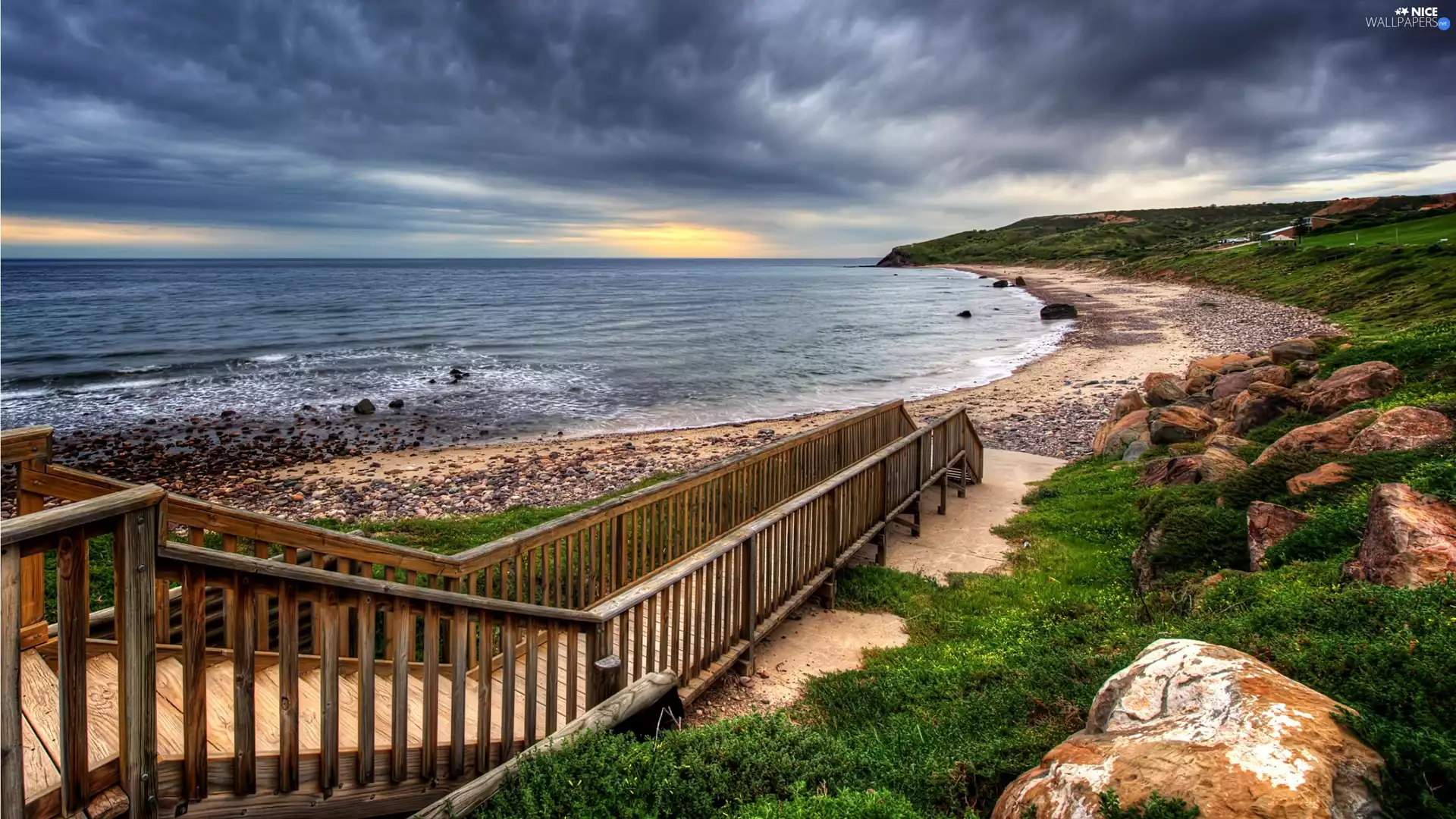 sea, cloudy, wood, Stairs, Coast, Sky