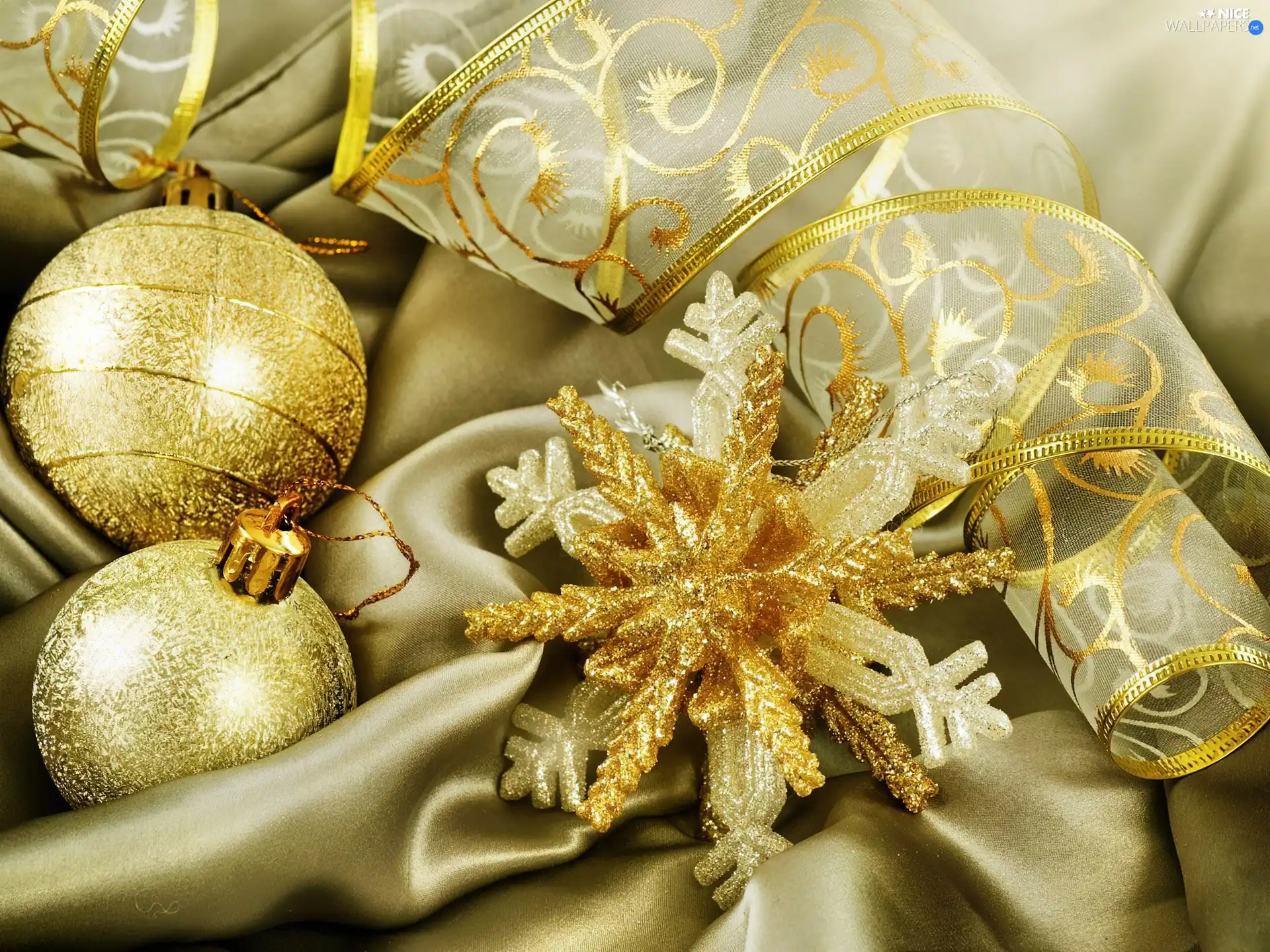 star, christmas, baubles, ribbon, Golden