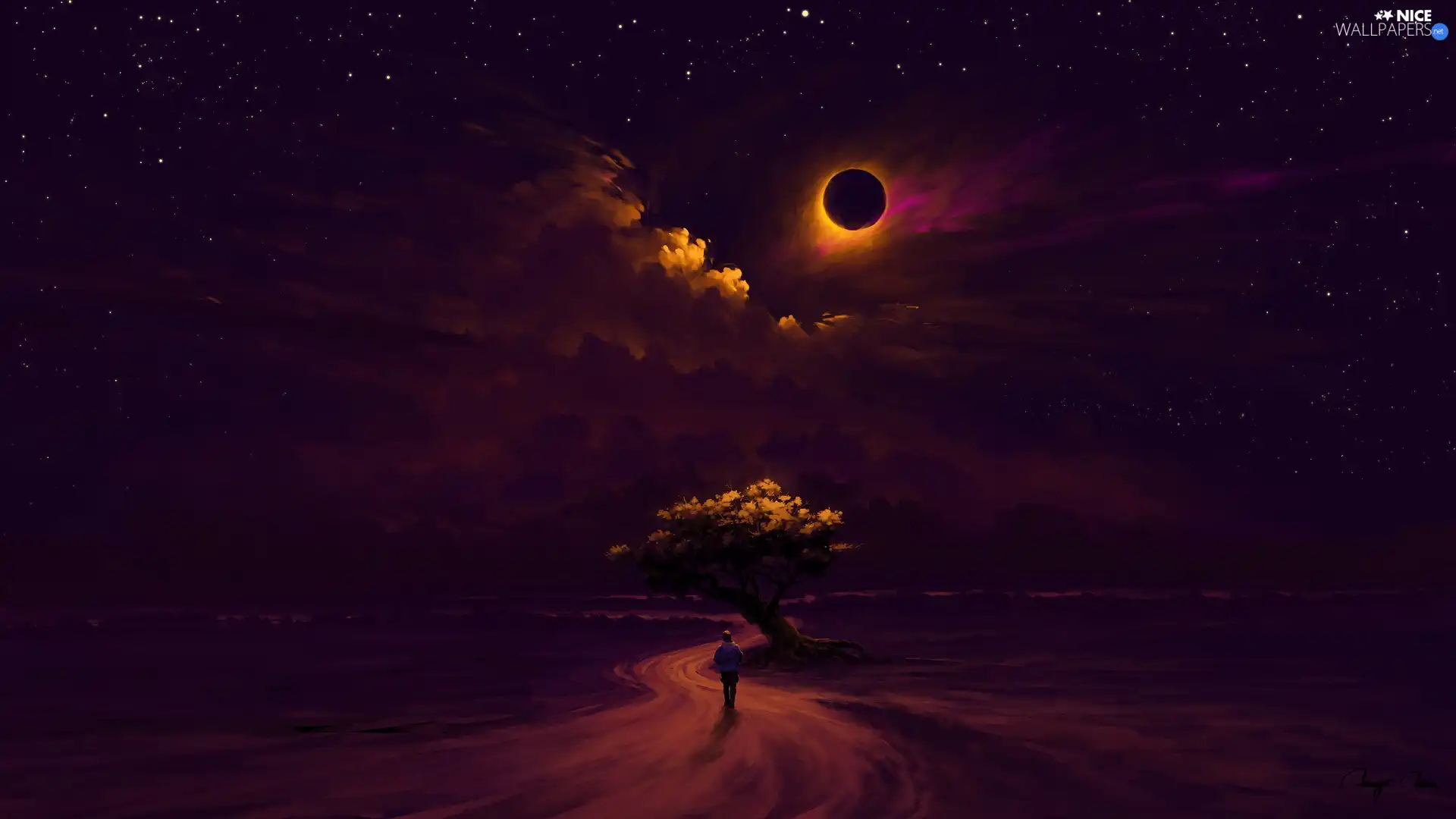 trees, girl, clouds, Night, moon, Way, graphics, star