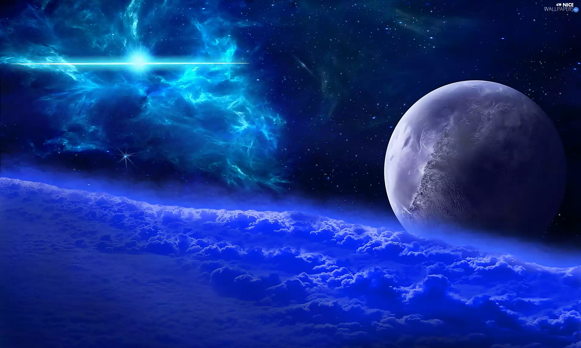 Planet, fantasy, Mountains, star, Universe, rocks, blue