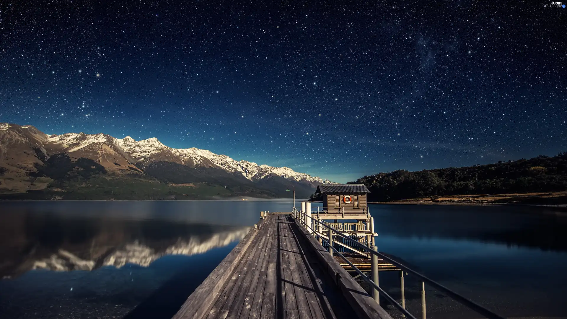 star, Platform, Mountains, Night, lake