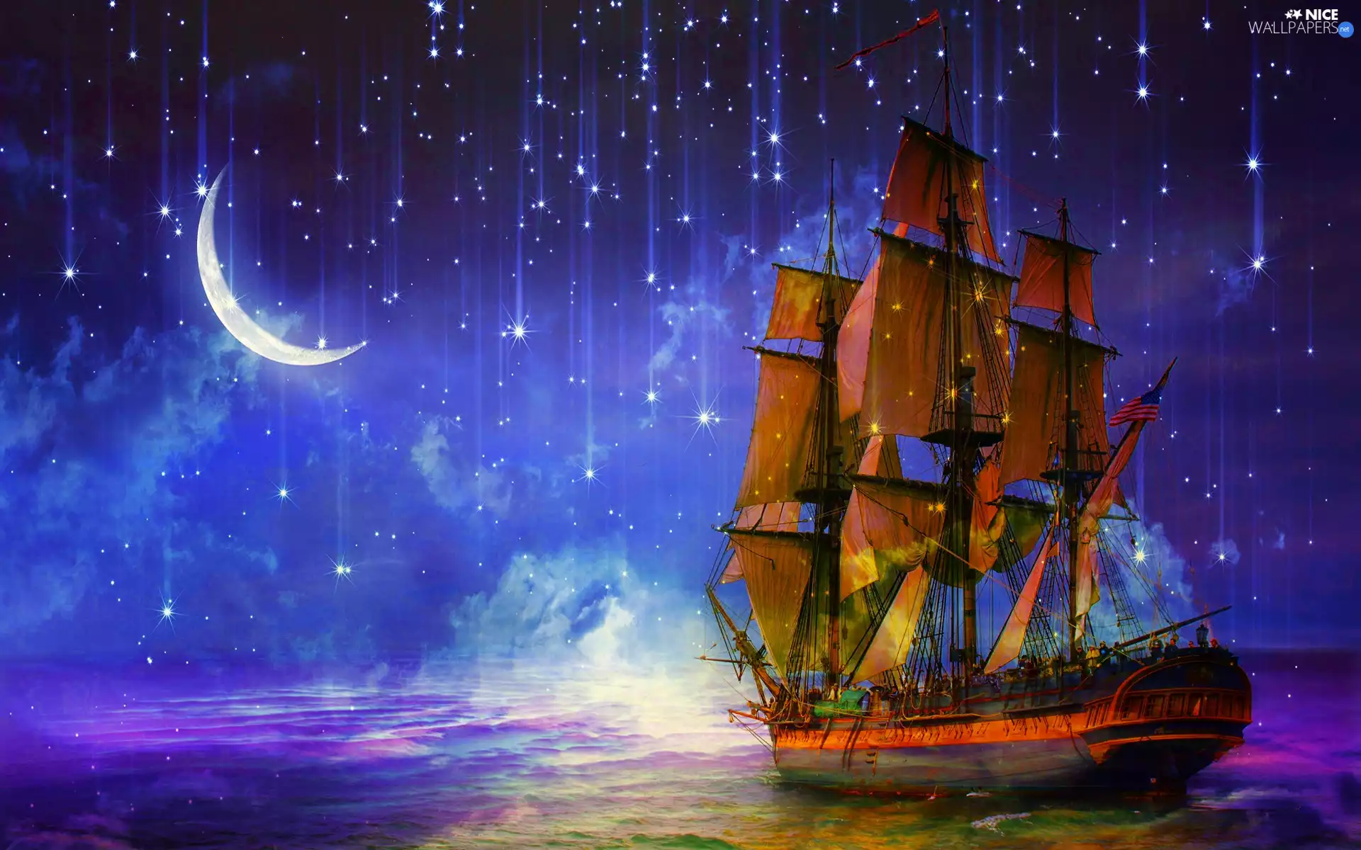 fantasy, star, sailing vessel, Night
