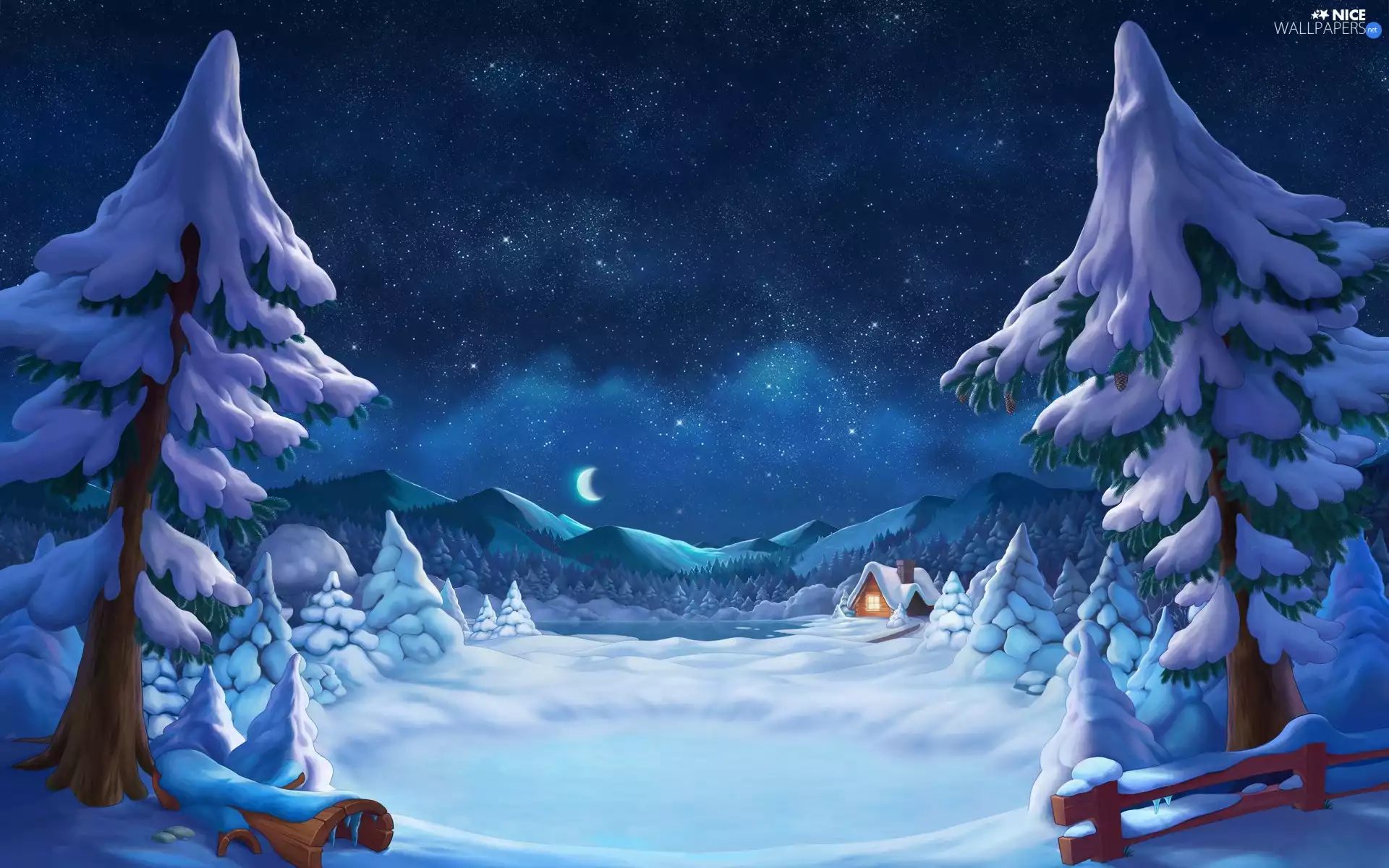 Christmas, forest, fence, star, graphics, viewes, Night, trees, moon, winter, Snowy, house, Mountains