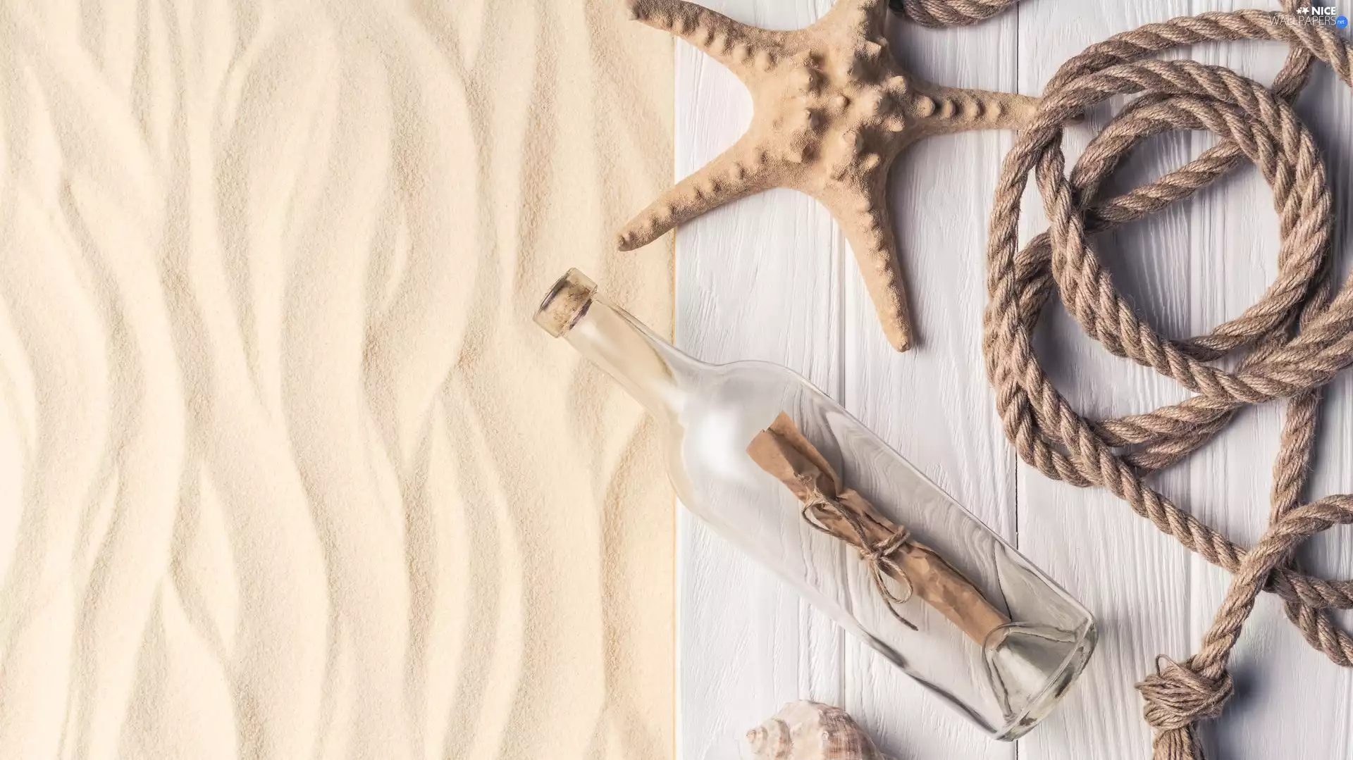 Bottle, boarding, summer, starfish, Sand, line, composition