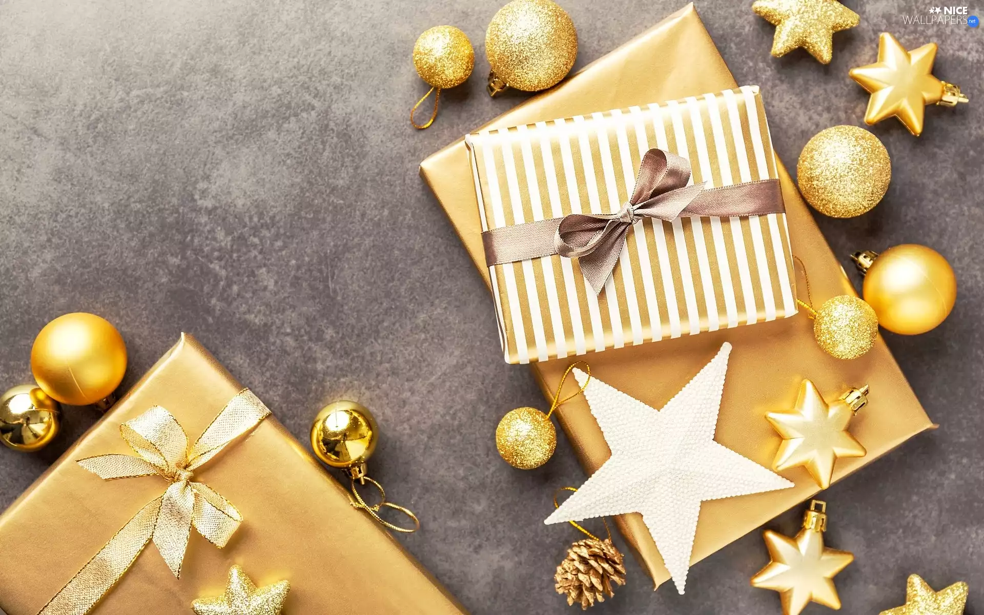 Golden, Christmas, cones, Stars, baubles, gifts