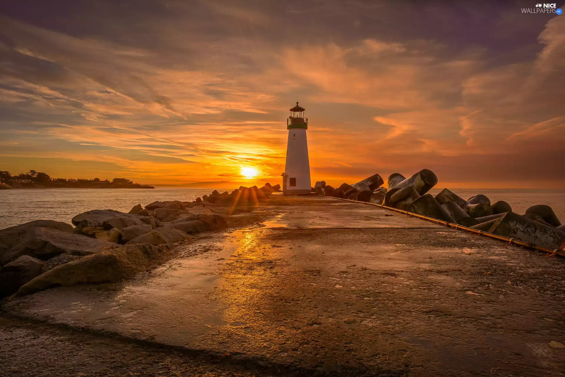 Santa Cruz, State of California, clouds, The United States, Sunrise, Walton Lighthouse, Sea, Stones