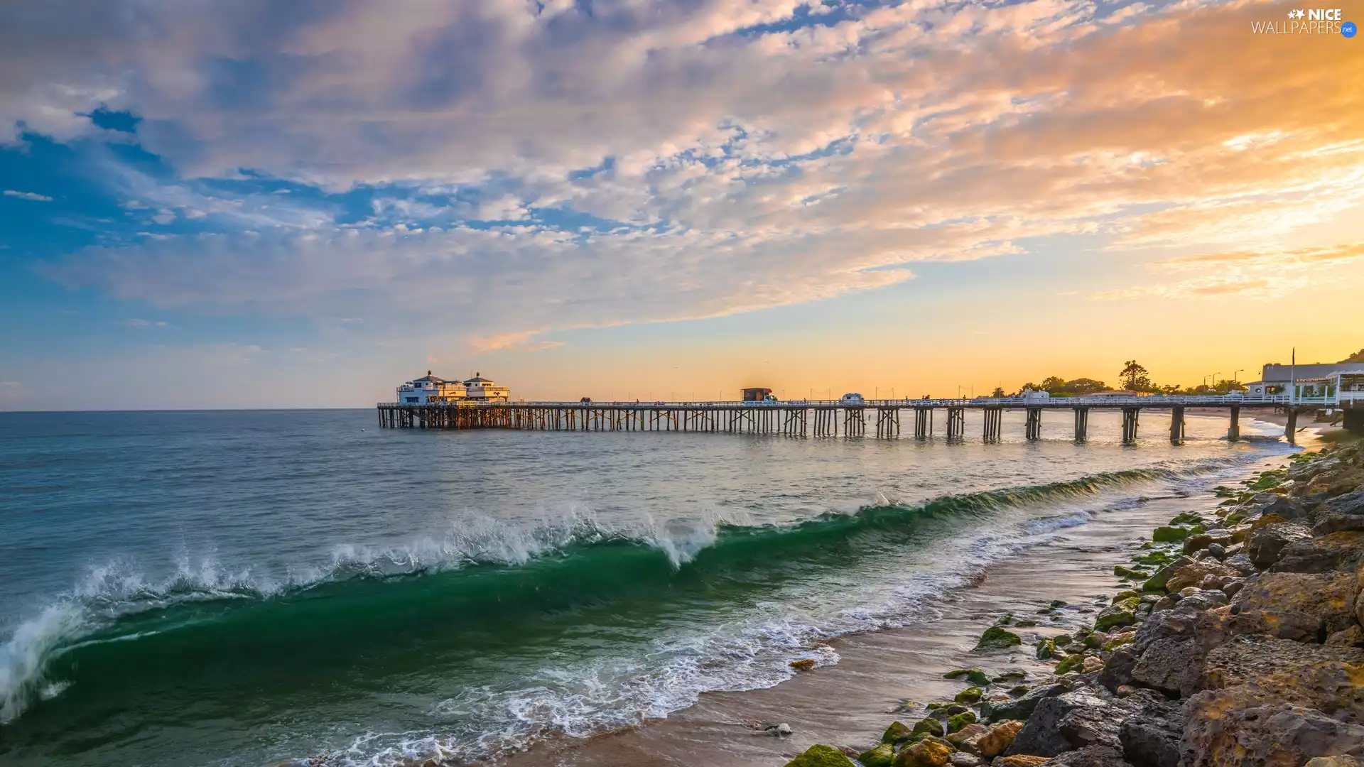 sea, The United States, pier, Waves, Waves, clouds, Sunrise, Malibu, California, Stones, Coast