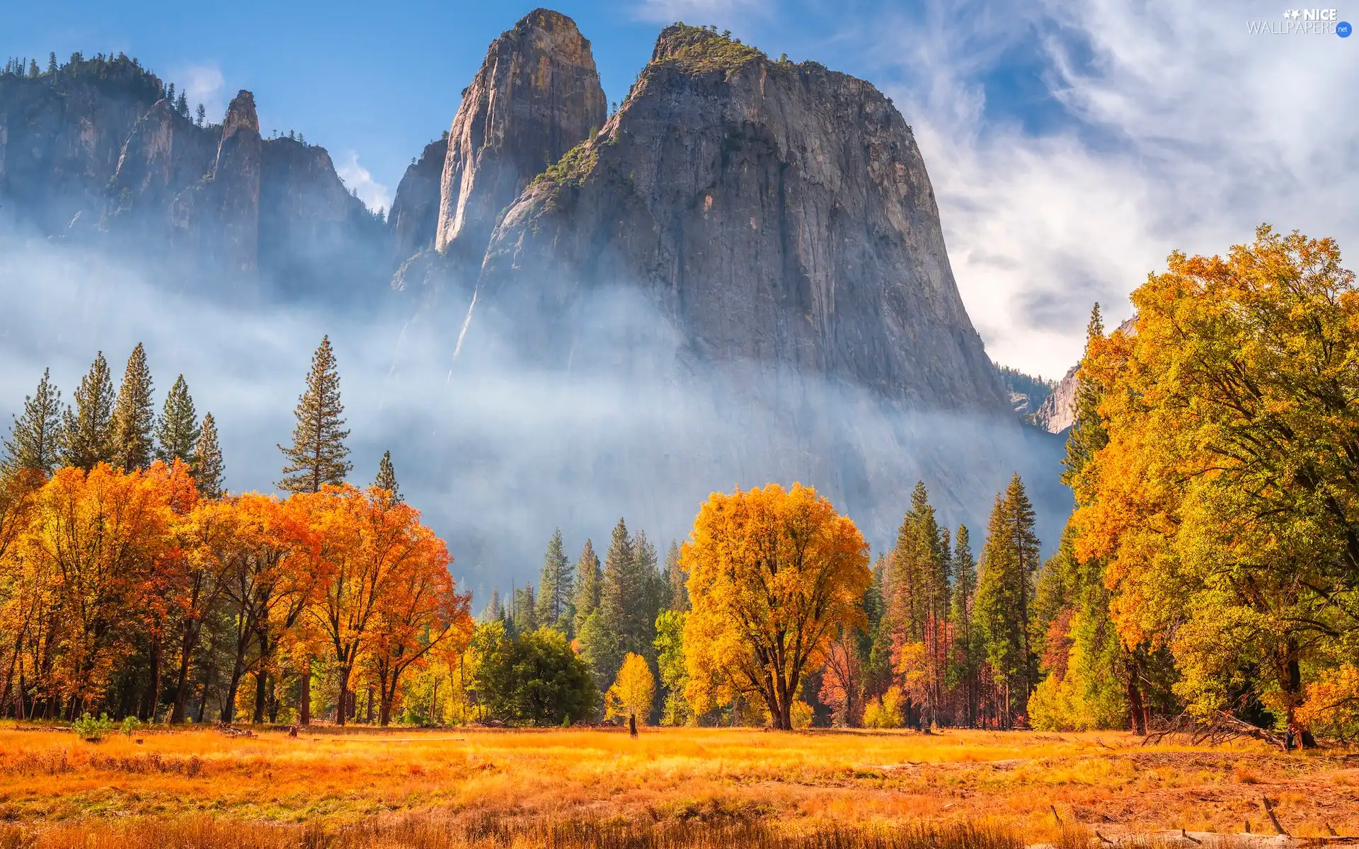 California, The United States, Yosemite National Park, rocks, viewes, Mountains, Fog, trees, autumn