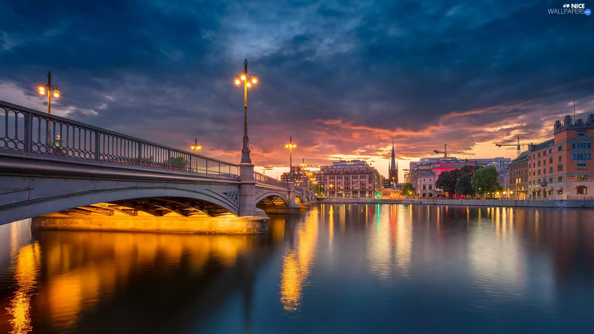 bridge, Sweden, buildings, River, ligh, luminosity, flash, Riddarholmen Island, Stockholm, sun, lanterns