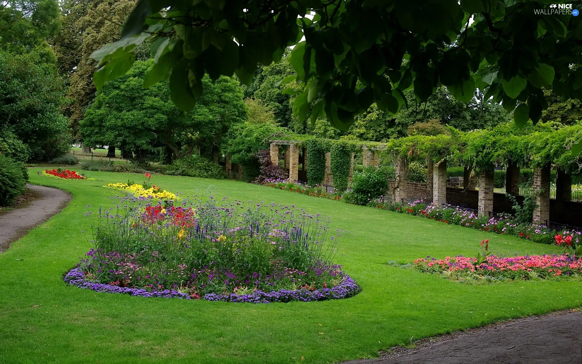 stone, Buldings, lane, Flower-beds, Park